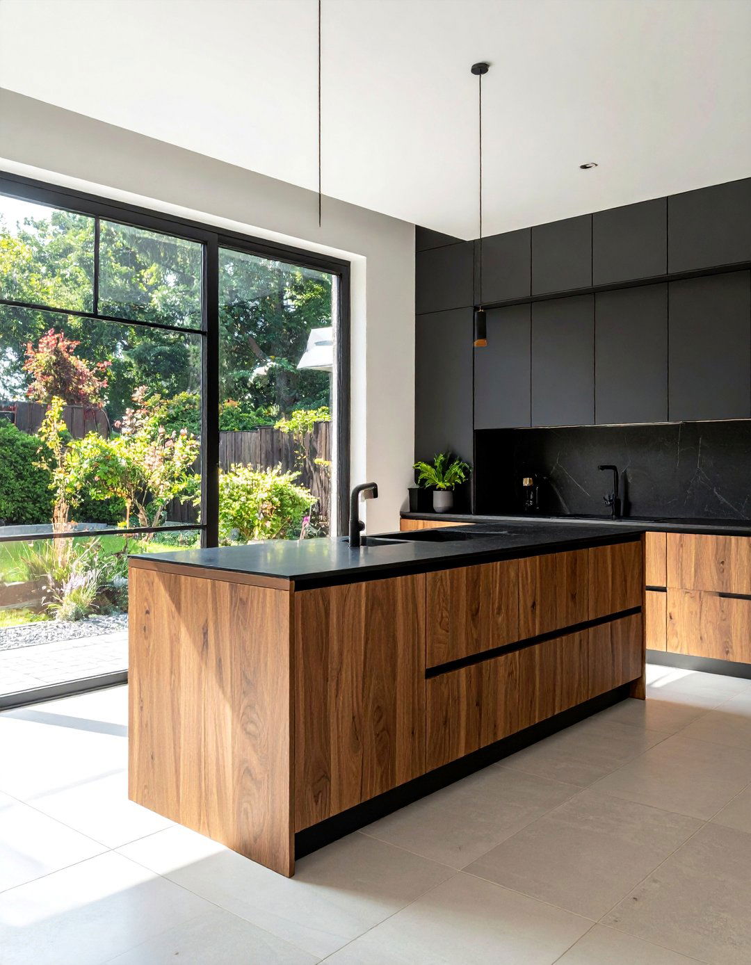 Black Window Frames with Brown Cabinetry - 20 Black and Brown Kitchen Ideas for a Warm Aesthetic