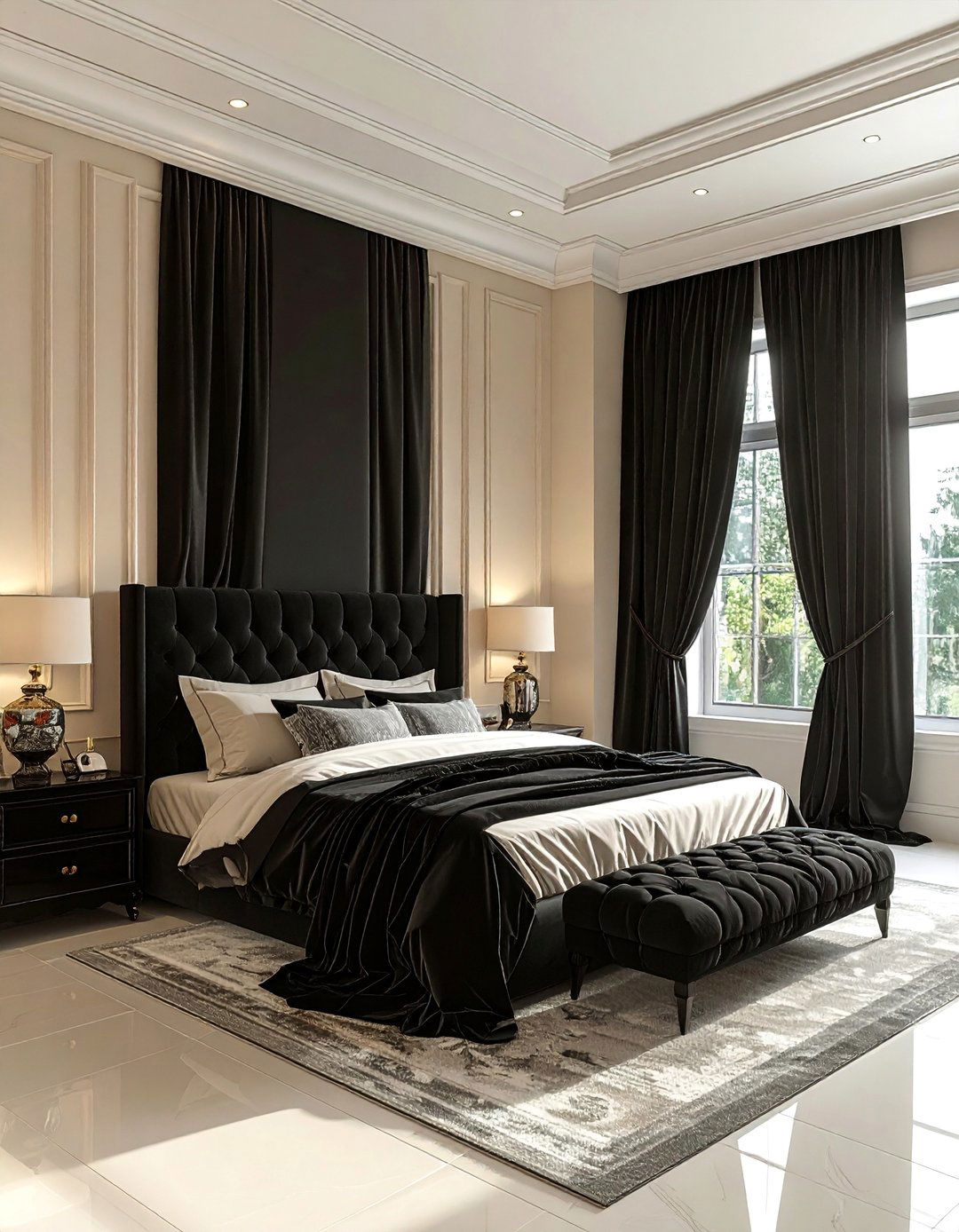 Black Window Treatments in a Cream Room - 35 Cream and Black Bedroom Ideas for Elegant Style