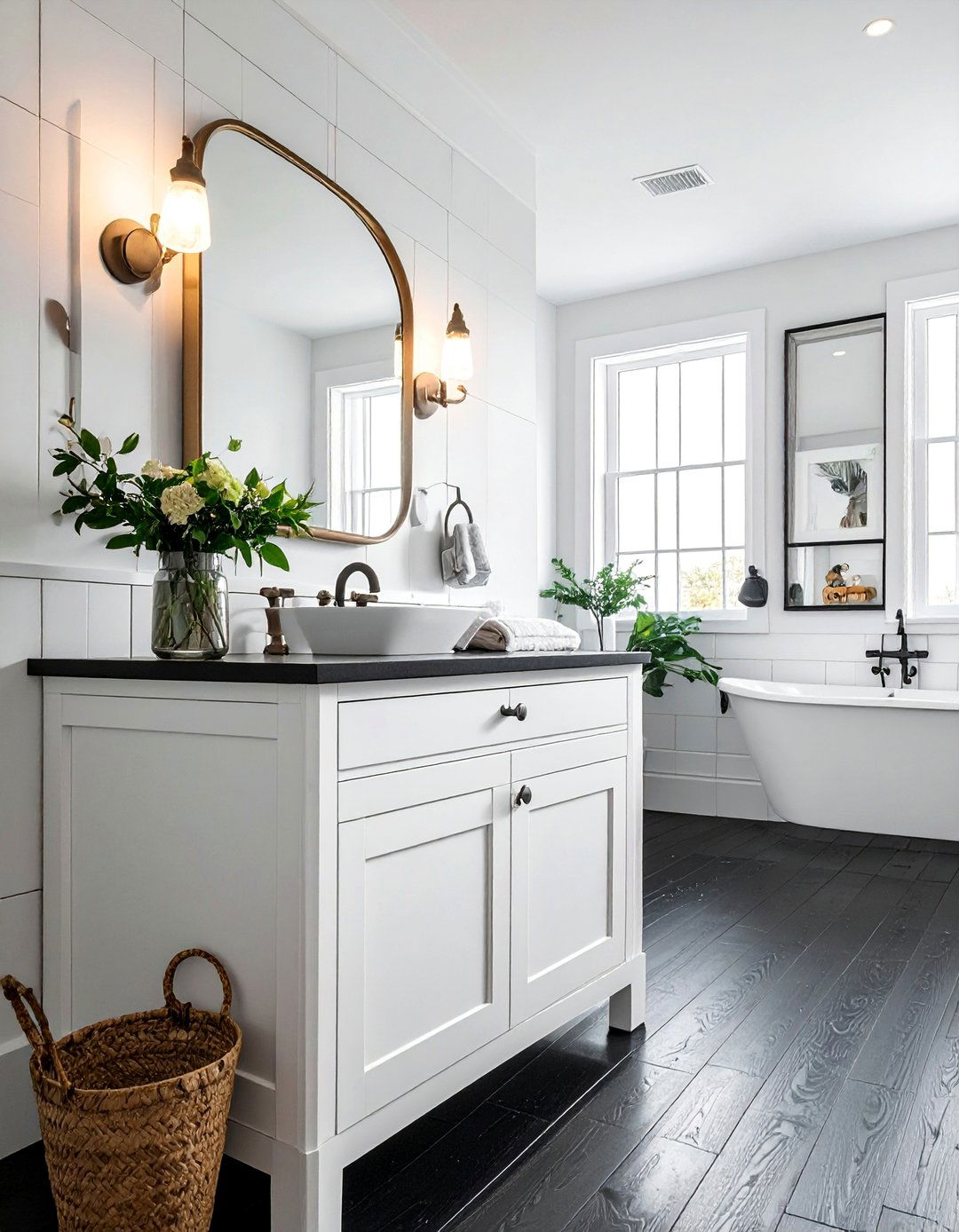 Black Wood Look Plank Tile Bathroom Floor - 20 Black Floor Bathroom Ideas with White Walls
