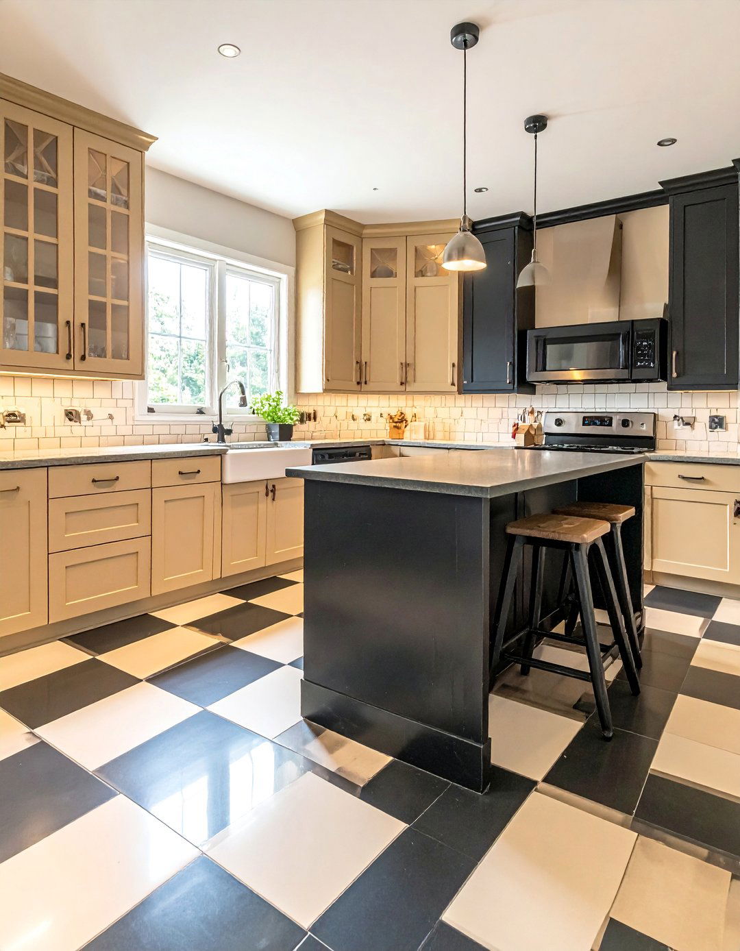 Black and Beige Checkerboard Flooring - 20 Black and Beige Kitchen Ideas for a Timeless Design