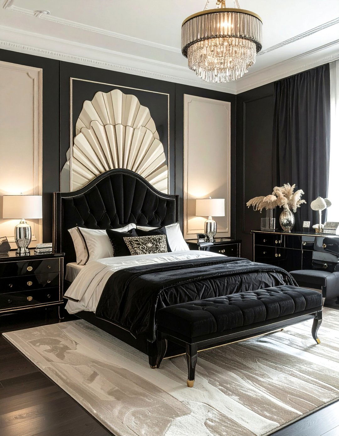 Black and Cream Art Deco Inspired Bedroom - 35 Cream and Black Bedroom Ideas for Elegant Style