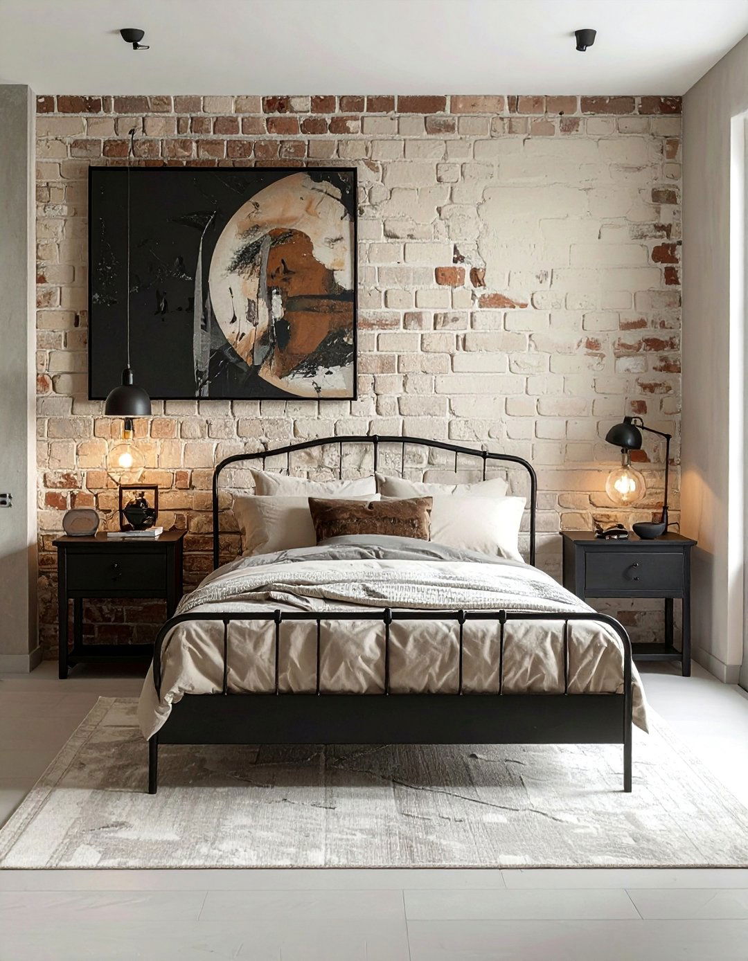 Black and Cream Bedroom with an Exposed Brick Wall - 35 Cream and Black Bedroom Ideas for Elegant Style