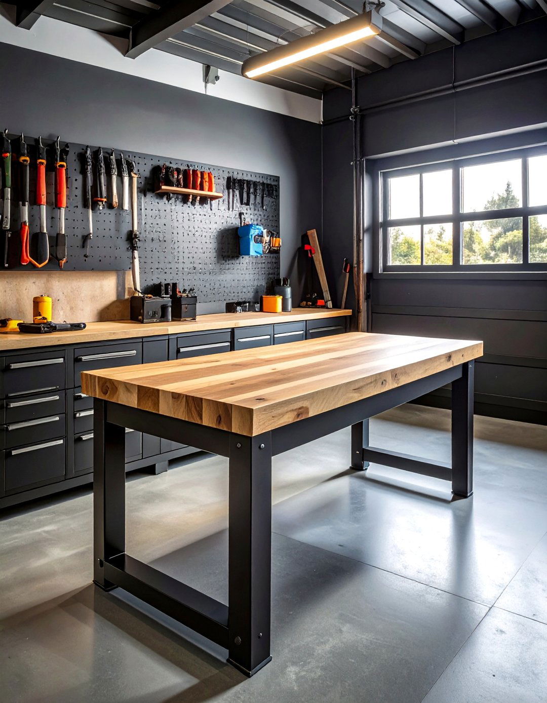 Black and Natural Wood Garage Workbench - 25 Black Garage Ideas for a Stylish Utility Space