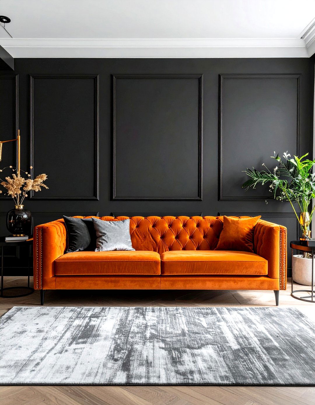 Black and Orange Living Room Featuring a Velvet Sofa - 20 Black and Orange Living Room Ideas for Bold Interiors