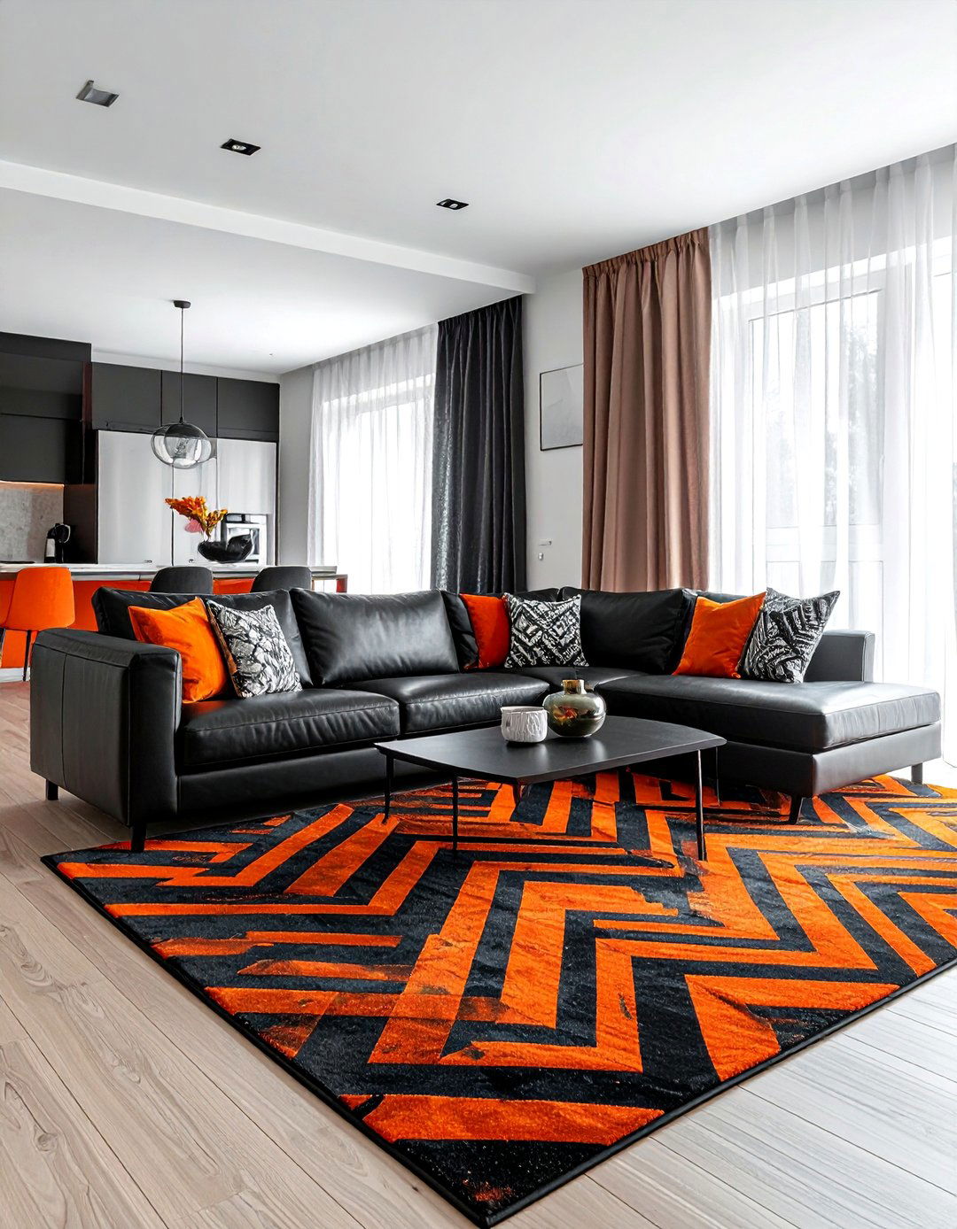 Black and Orange Living Room with Geometric Patterns - 20 Black and Orange Living Room Ideas for Bold Interiors