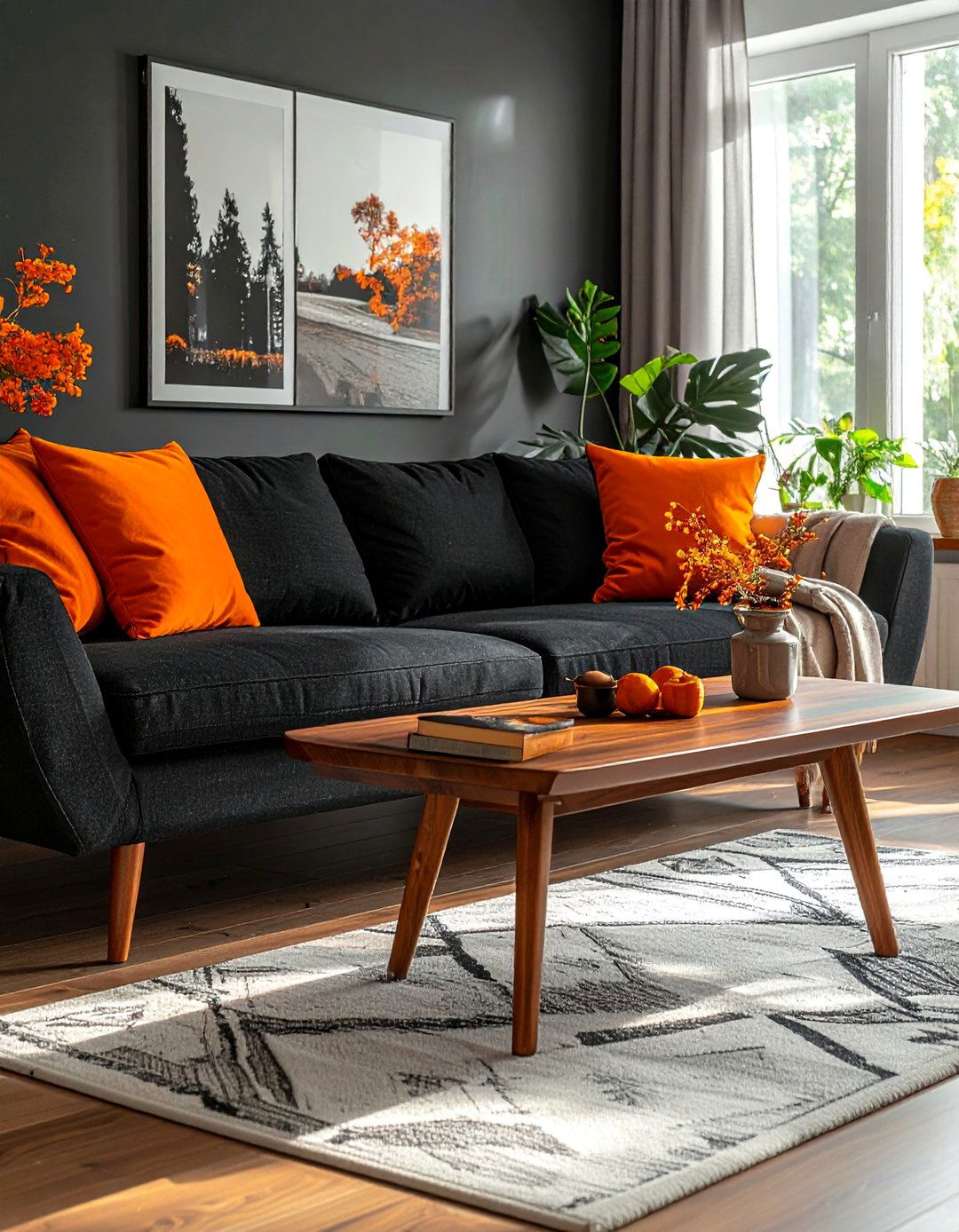 Black and Orange Living Room with Natural Wood Tones - 20 Black and Orange Living Room Ideas for Bold Interiors