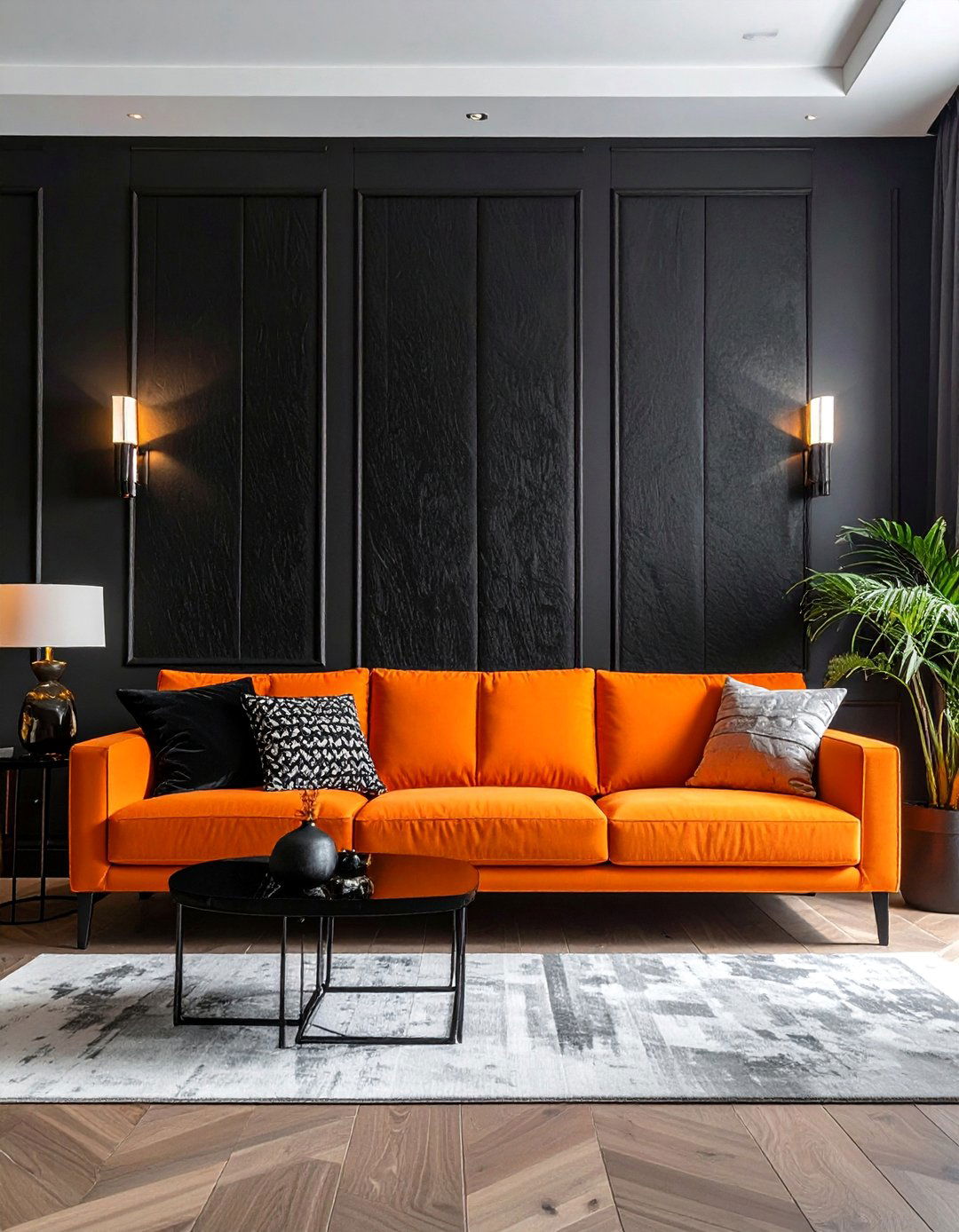 Black and Orange Living Room with Textured Walls - 20 Black and Orange Living Room Ideas for Bold Interiors