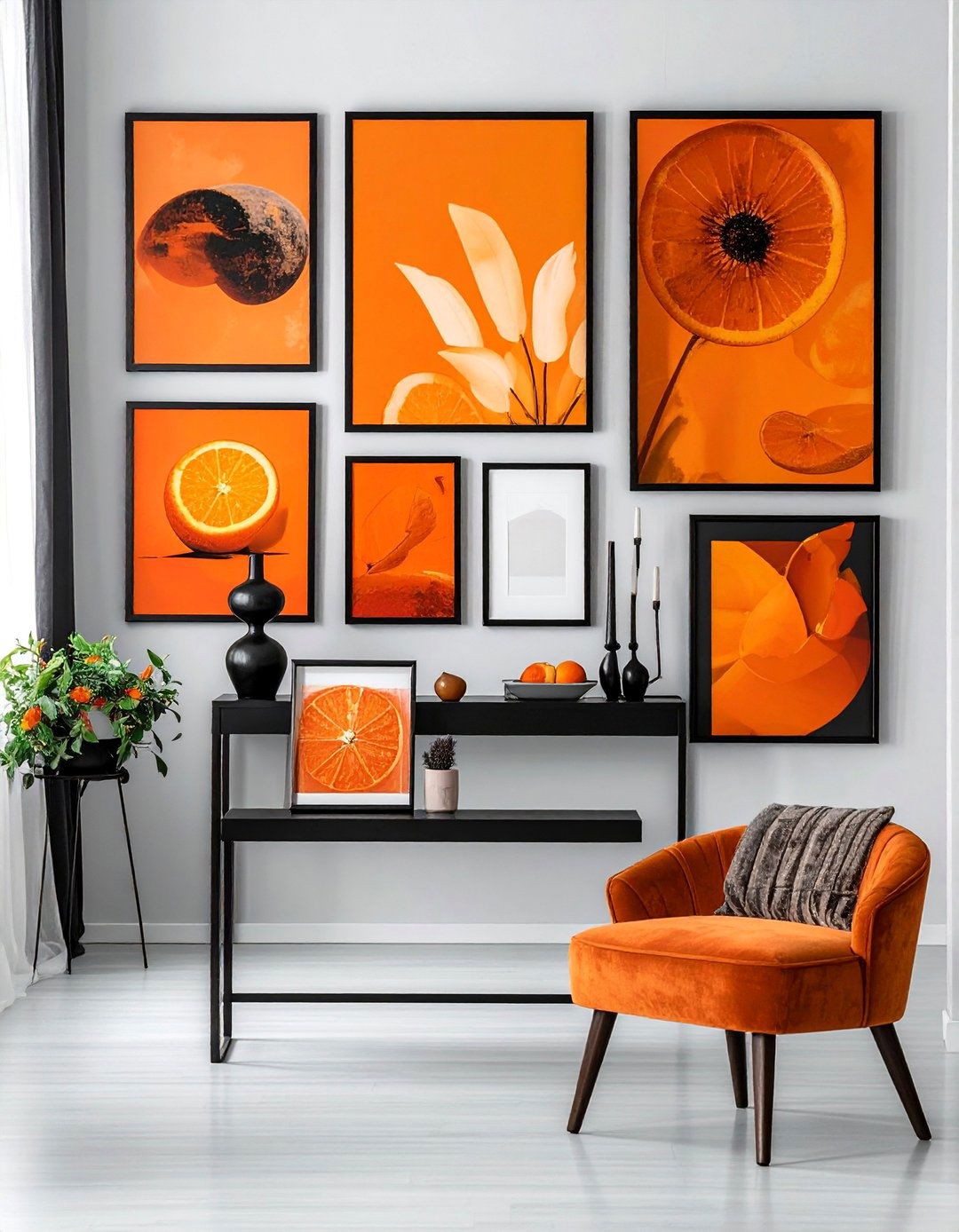 Black and Orange Living Room with a Gallery Wall - 20 Black and Orange Living Room Ideas for Bold Interiors
