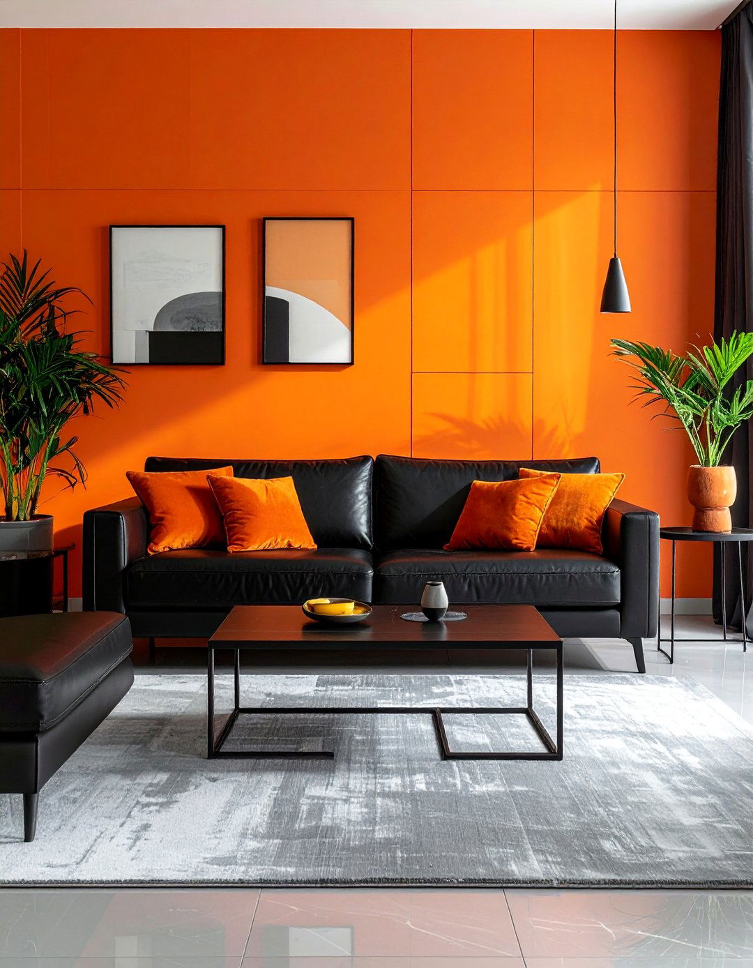 Black and Orange Living Room with an Orange Accent Wall - 20 Black and Orange Living Room Ideas for Bold Interiors