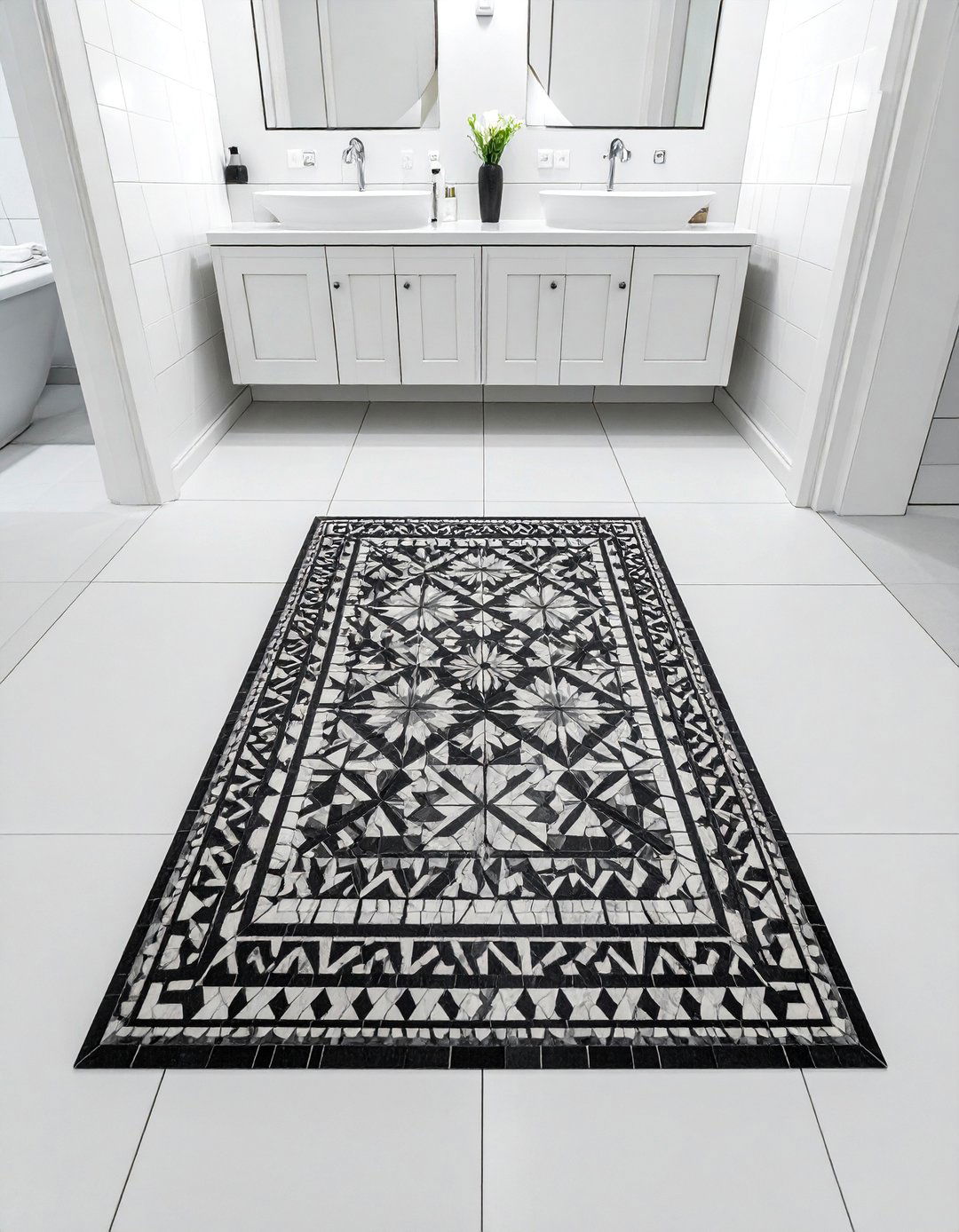 Black and White Bathroom Tile Rug Inlay - 20 Black and White Bathroom Tile Ideas for a Sleek Look