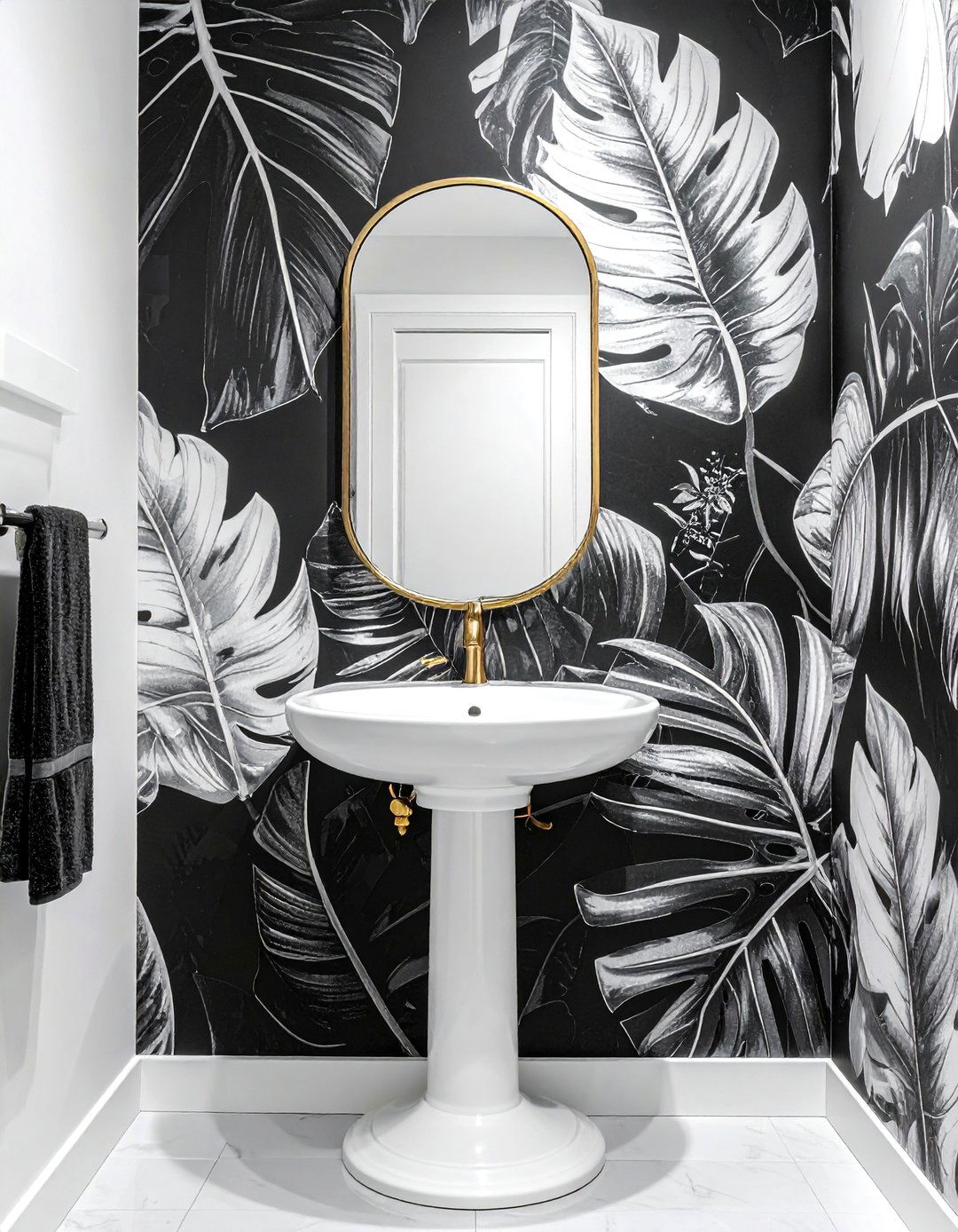Black and White Botanical Wallpaper Accent Wall - 20 Black and White Powder Room Ideas for Modern Homes