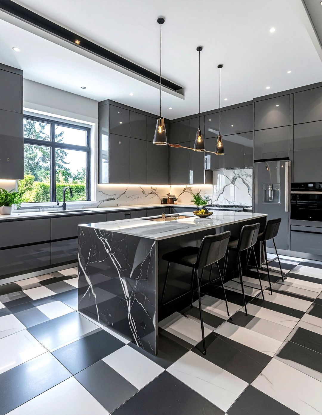 Black and White Checkered Floors in a Modern Kitchen - 25 Kitchens With Checkered Floors for Timeless Style