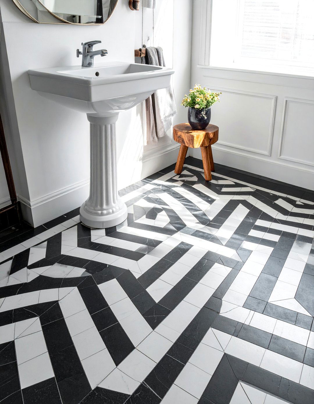 Black and White Geometric Mosaic Floor - 20 Bathroom Mosaic Floor Tile Ideas for a Stunning Look