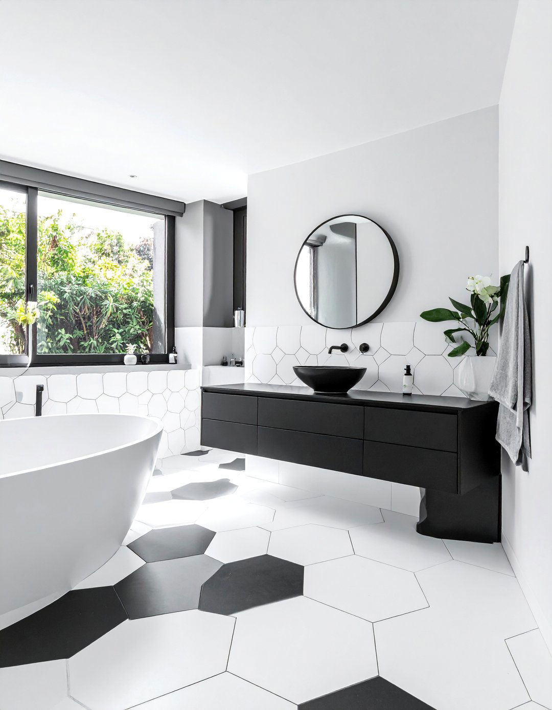 Black and White Geometric Tiled Flooring - 20 Black and White Powder Room Ideas for Modern Homes