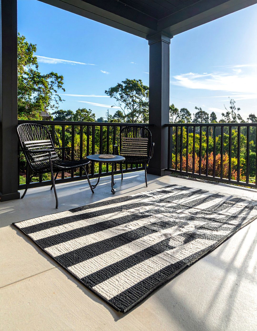 Black and White Striped Porch Rug - 15 Black Porch Ideas to Elevate Your Outdoor Space
