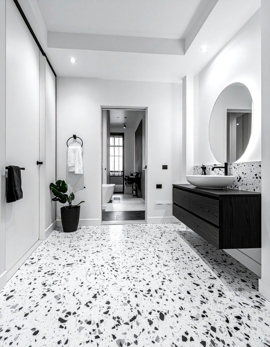 Black and White Terrazzo Countertop or Floor - 20 Black and White Powder Room Ideas for Modern Homes