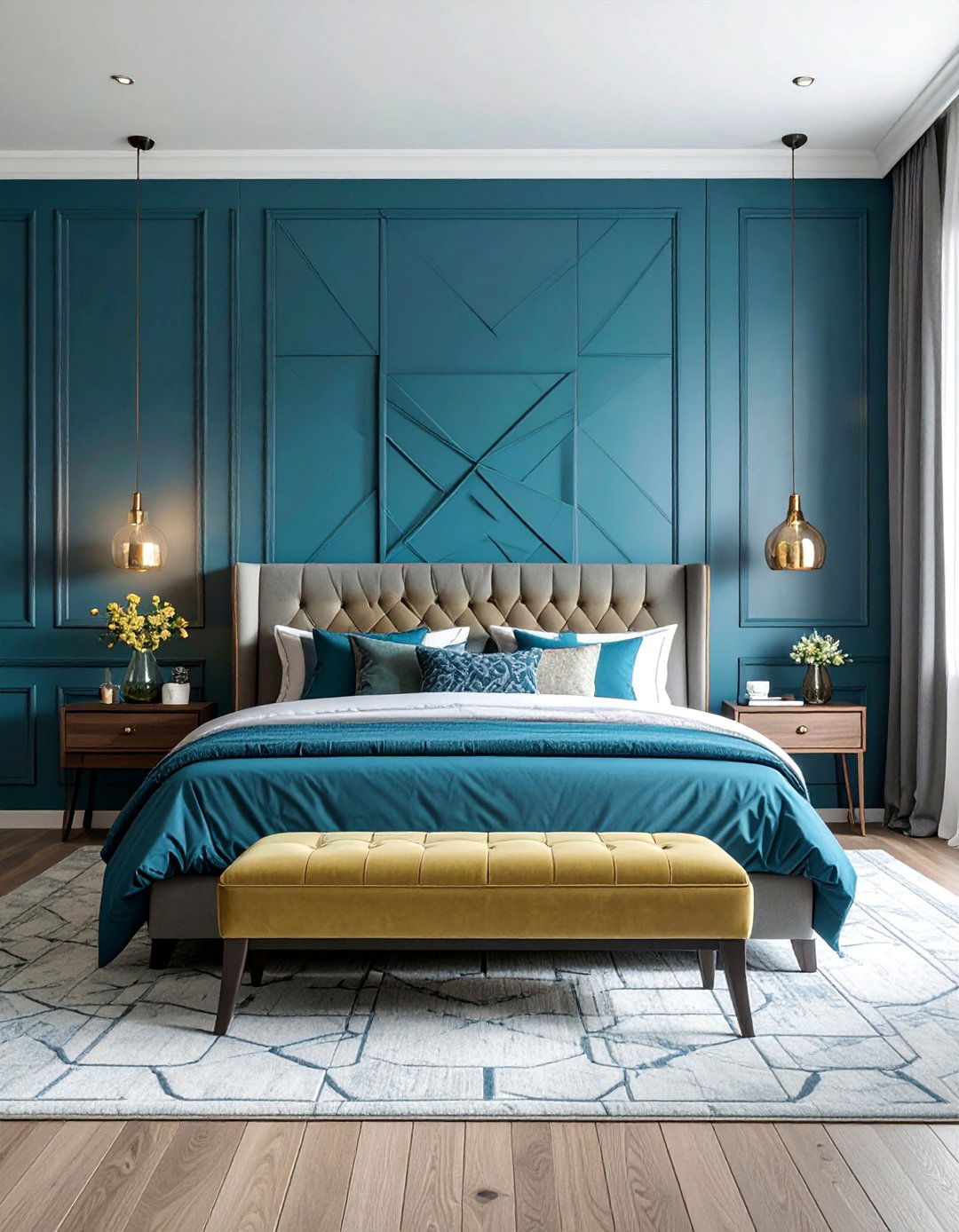 Blue Accent Wall with Geometric Paneling - 25 Luxury Blue Bedroom Ideas for a Serene Retreat