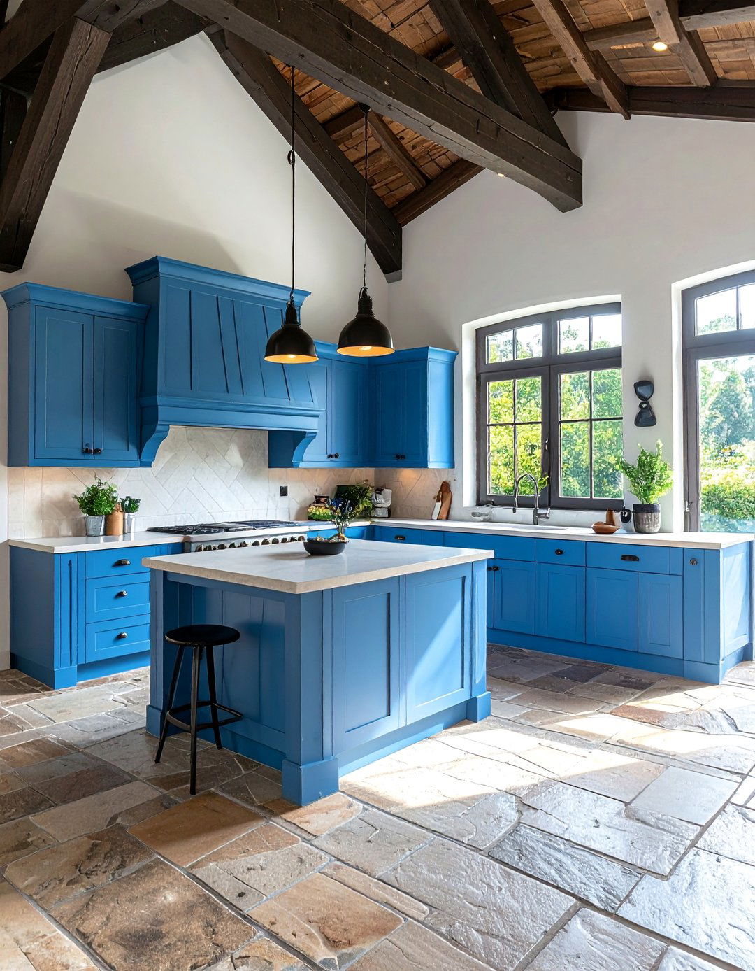 Blue French Country Kitchen with Exposed Wooden Beams - 15 Blue French Country Kitchen Ideas for a Charming Space