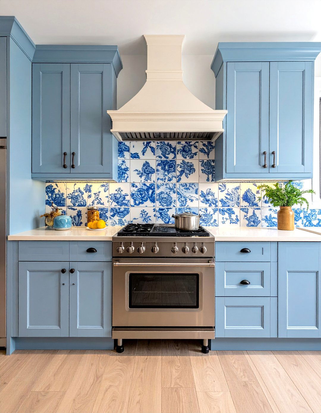 Blue French Country Kitchen with Patterned Backsplash Tiles - 15 Blue French Country Kitchen Ideas for a Charming Space