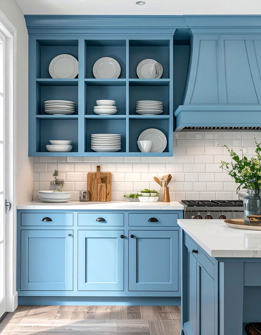 Blue French Country Kitchen with a Plate Rack Display - 15 Blue French Country Kitchen Ideas for a Charming Space