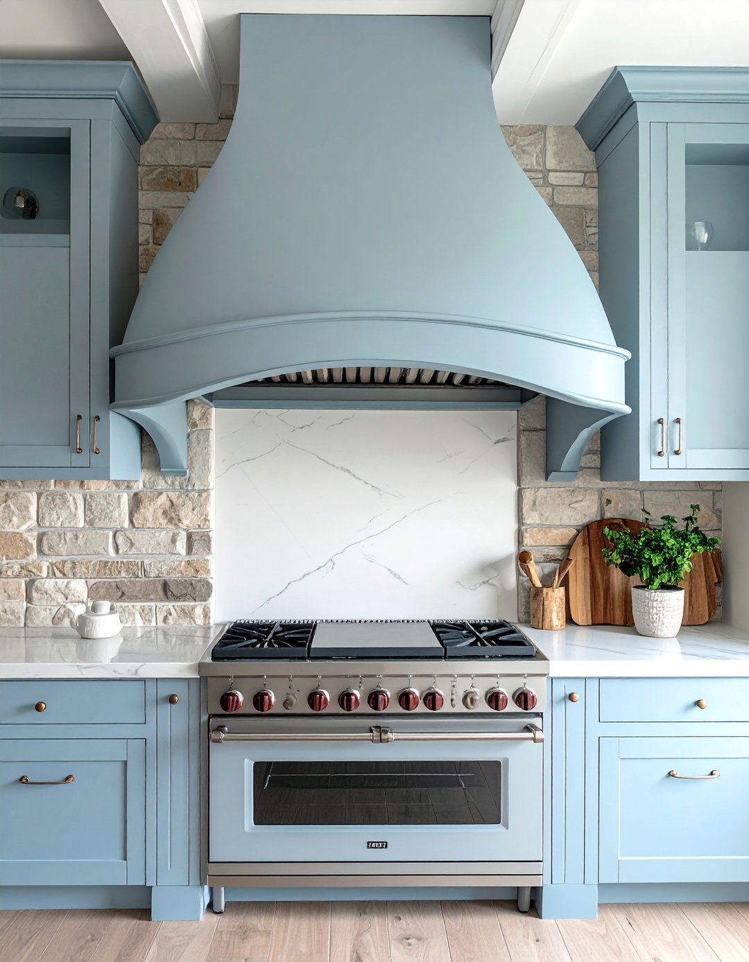 Blue French Country Kitchen with an Ornate Range Hood - 15 Blue French Country Kitchen Ideas for a Charming Space