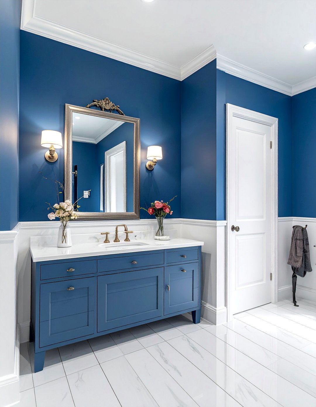 Blue Powder Room with Classic White Wainscoting - 20 Blue Powder Room Ideas for a Fresh and Serene Space
