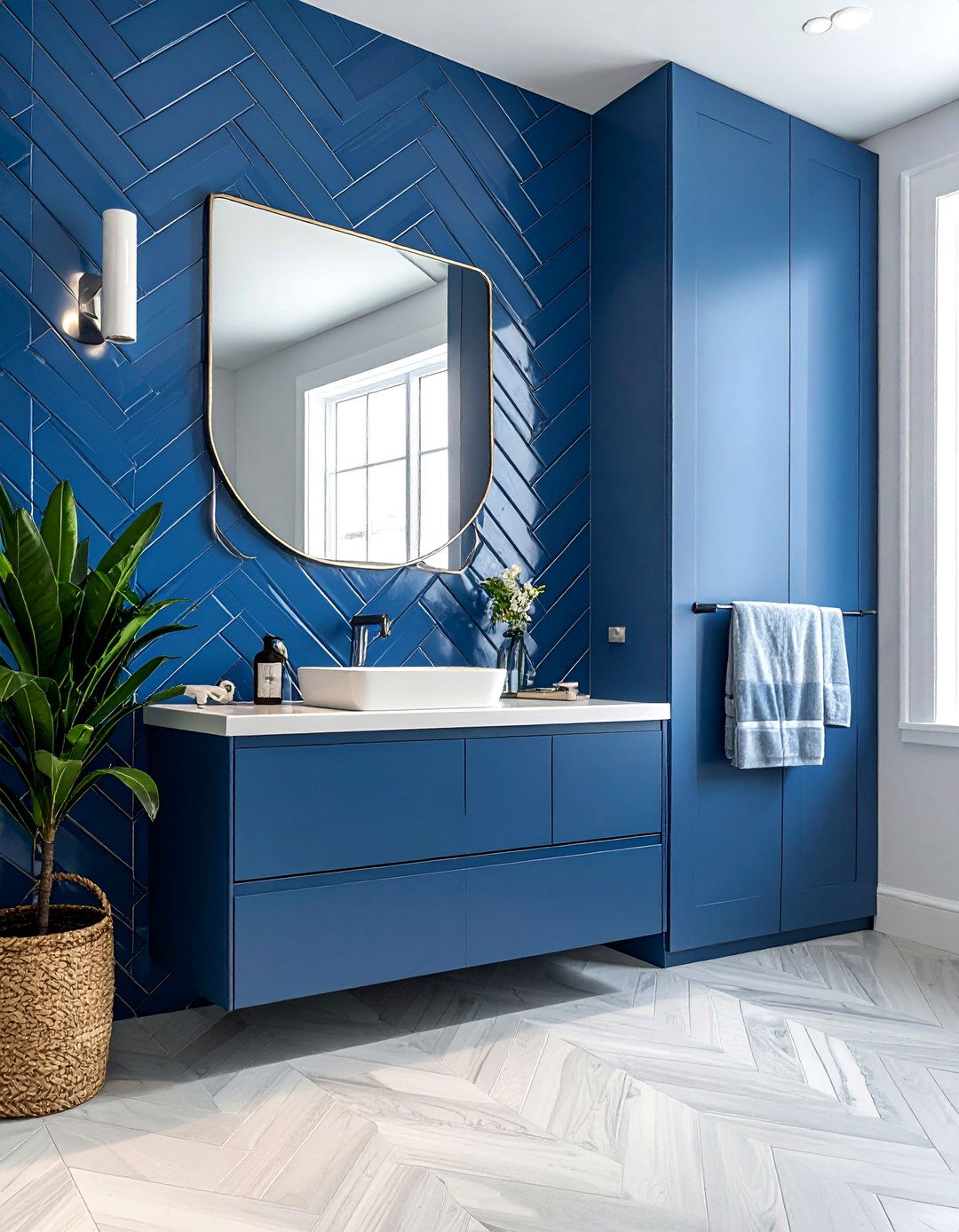 Blue Powder Room with Herringbone Wall Tiles - 20 Blue Powder Room Ideas for a Fresh and Serene Space