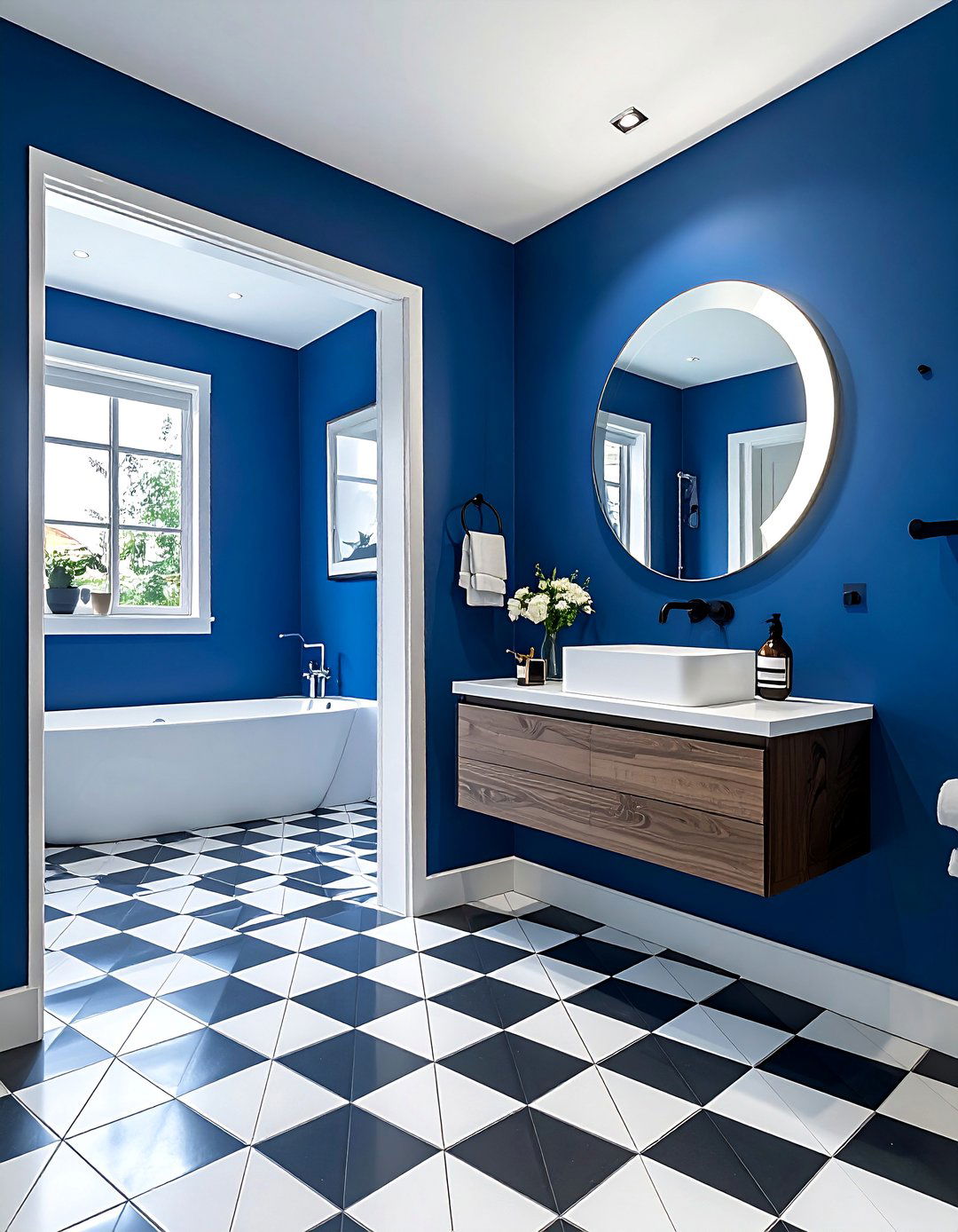 Blue Powder Room with a Geometric Tile Floor - 20 Blue Powder Room Ideas for a Fresh and Serene Space