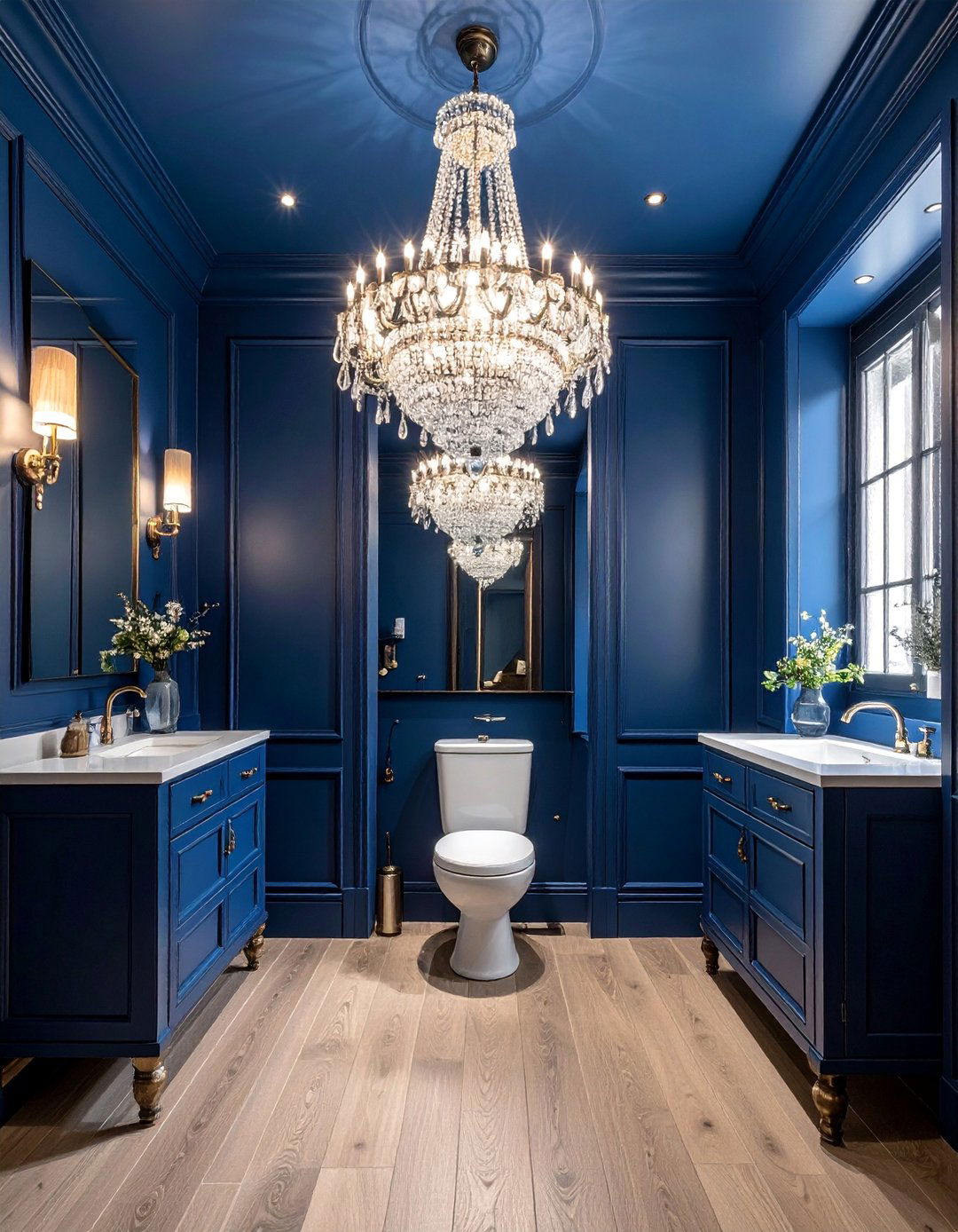 Blue Powder Room with a Statement Chandelier - 20 Blue Powder Room Ideas for a Fresh and Serene Space
