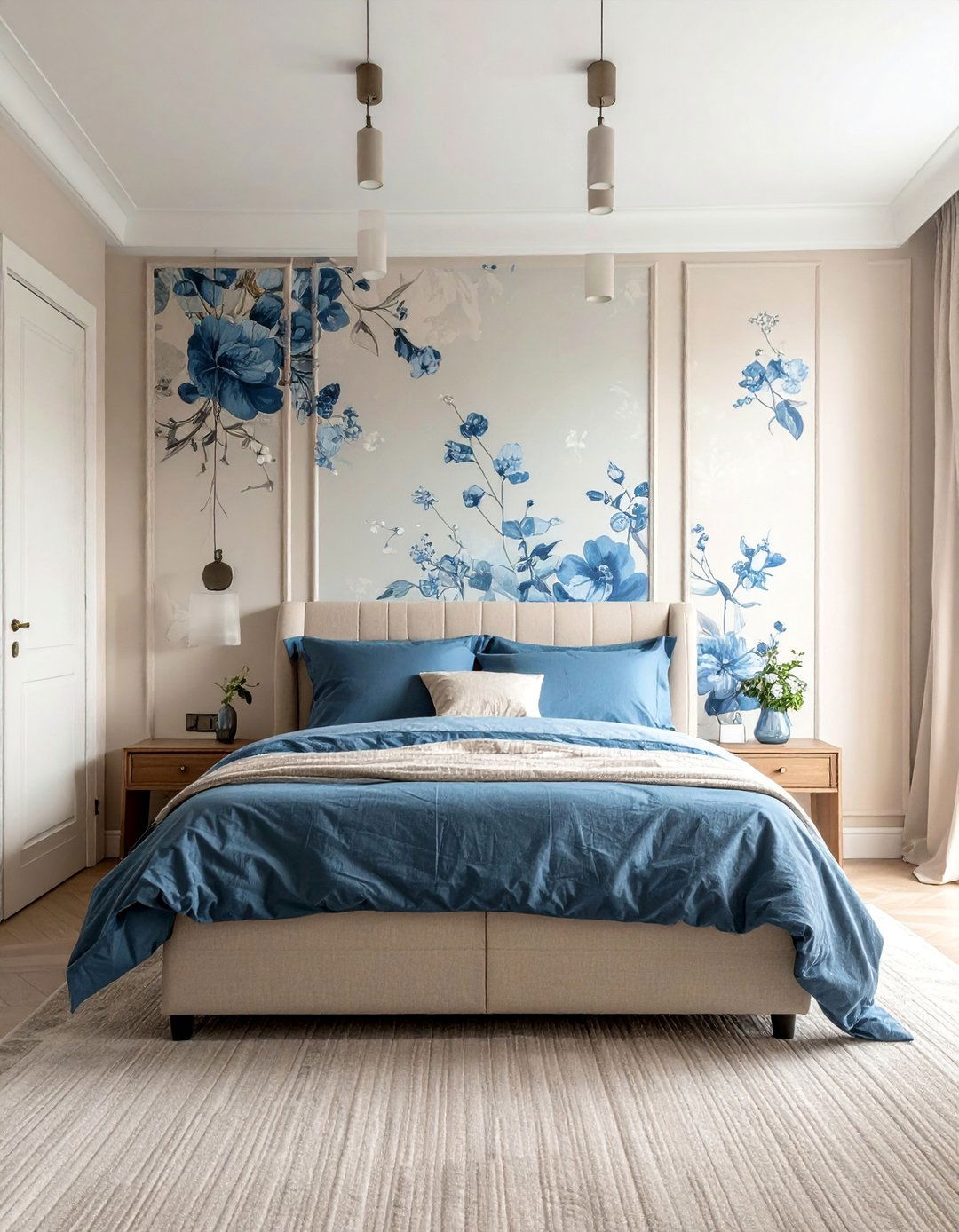 Blue and Beige Bedroom with Floral Wallpaper - 15 Blue and Beige Bedroom Ideas for a Calming Retreat