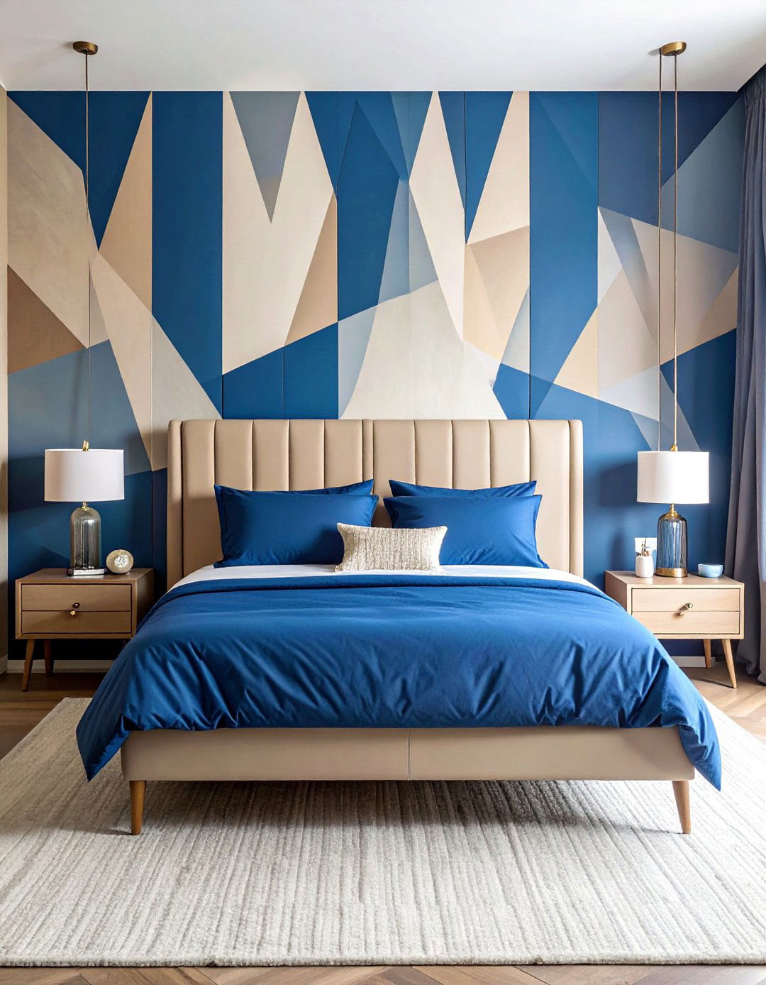 Blue and Beige Bedroom with Geometric Patterns - 15 Blue and Beige Bedroom Ideas for a Calming Retreat