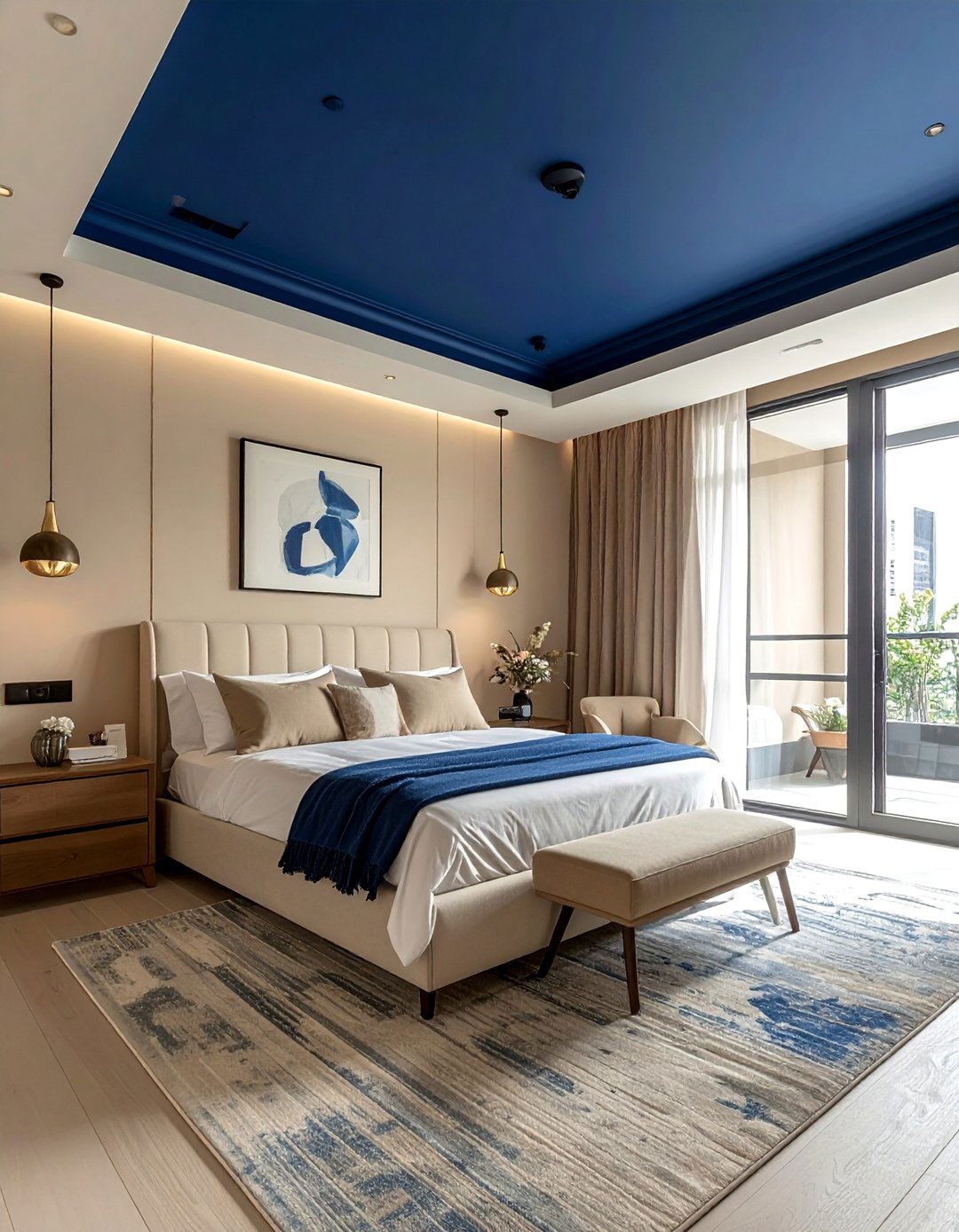 Blue and Beige Bedroom with a Painted Ceiling - 15 Blue and Beige Bedroom Ideas for a Calming Retreat