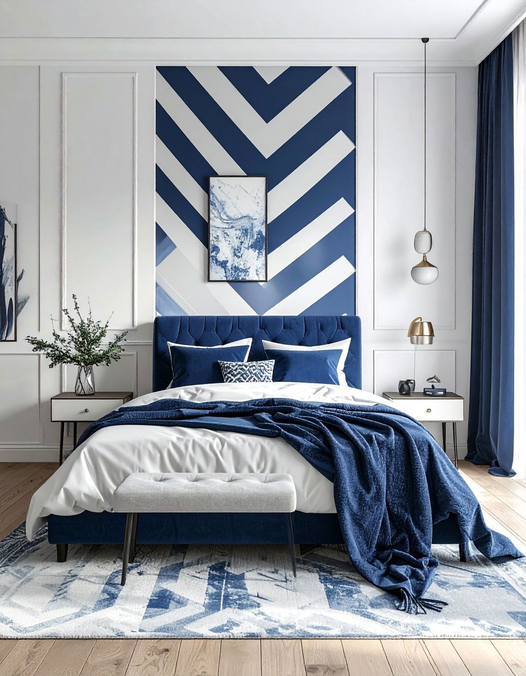 Blue and White Chevron Pattern Bedroom - 25 Blue and White Bedroom Ideas for a Calm Retreat