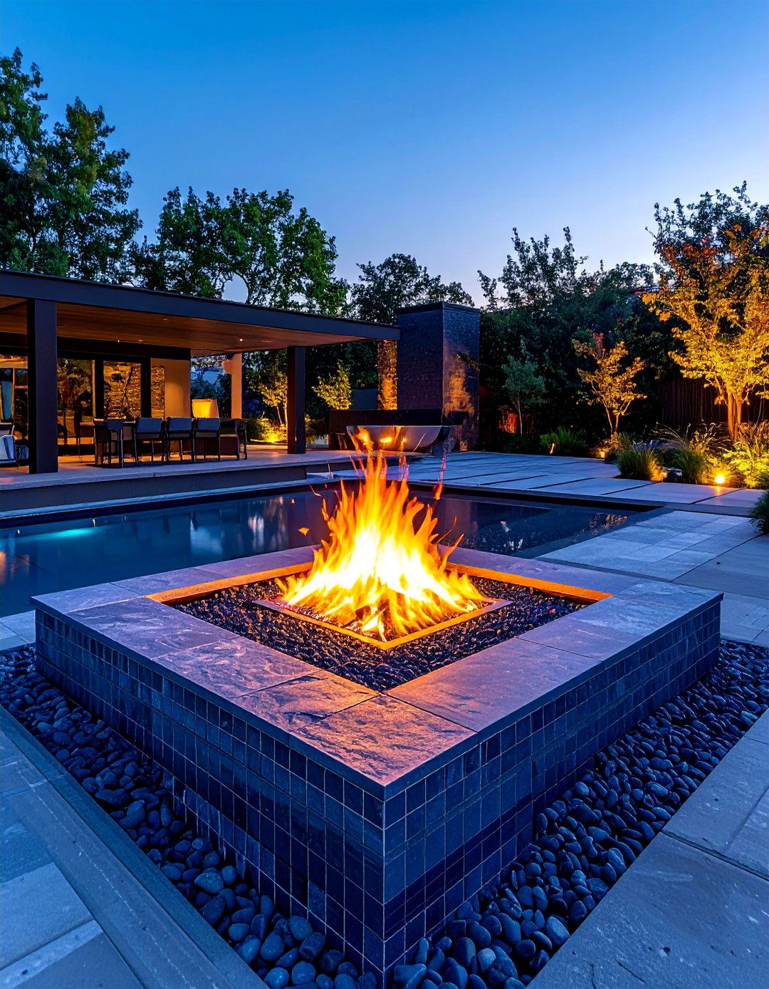 Bluestone Grid with Modern Fire Fountain - 25 Stone Patio with Fire Pit Ideas for Outdoor Fun