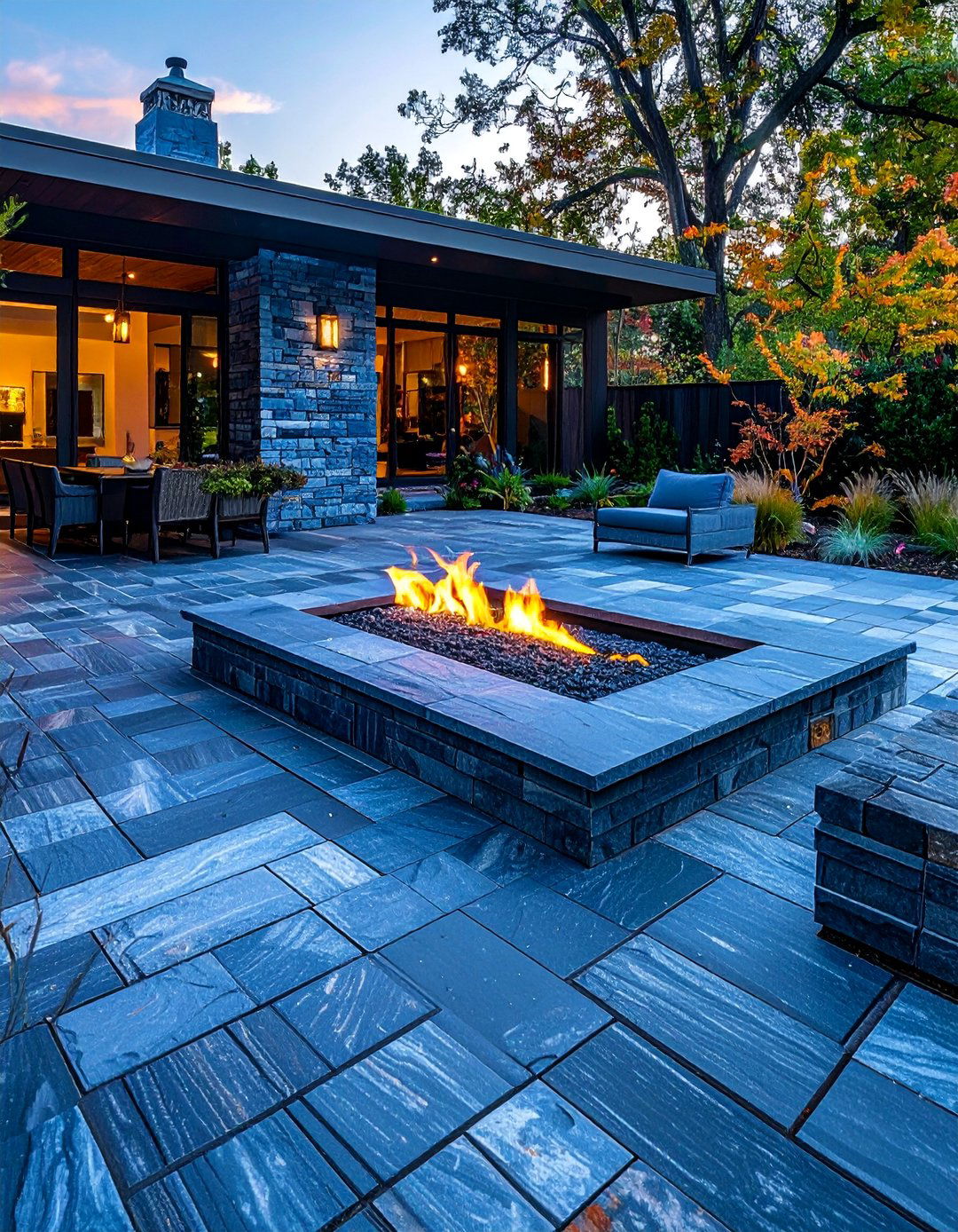 Bluestone Herringbone with Gas Fire Feature - 25 Stone Patio with Fire Pit Ideas for Outdoor Fun