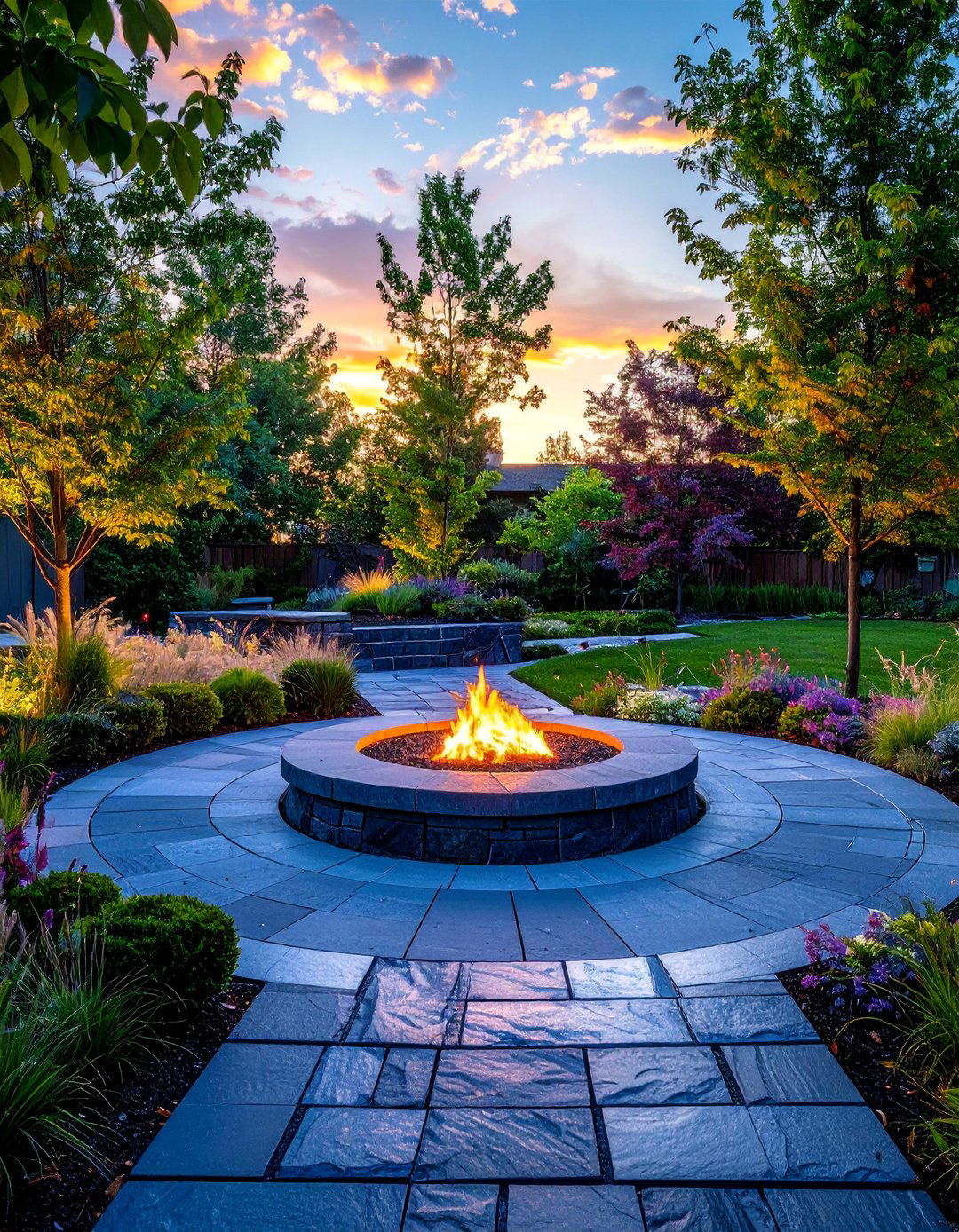 Bluestone Pathway with Circular Fire Plaza - 25 Stone Patio with Fire Pit Ideas for Outdoor Fun