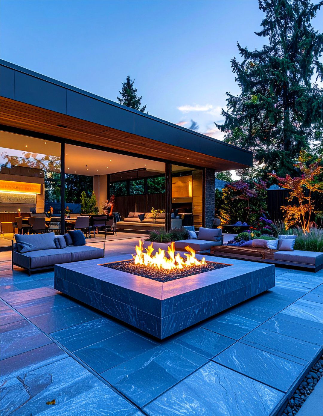 Bluestone Rectangular Patio with Corner Fire Feature - 25 Stone Patio with Fire Pit Ideas for Outdoor Fun