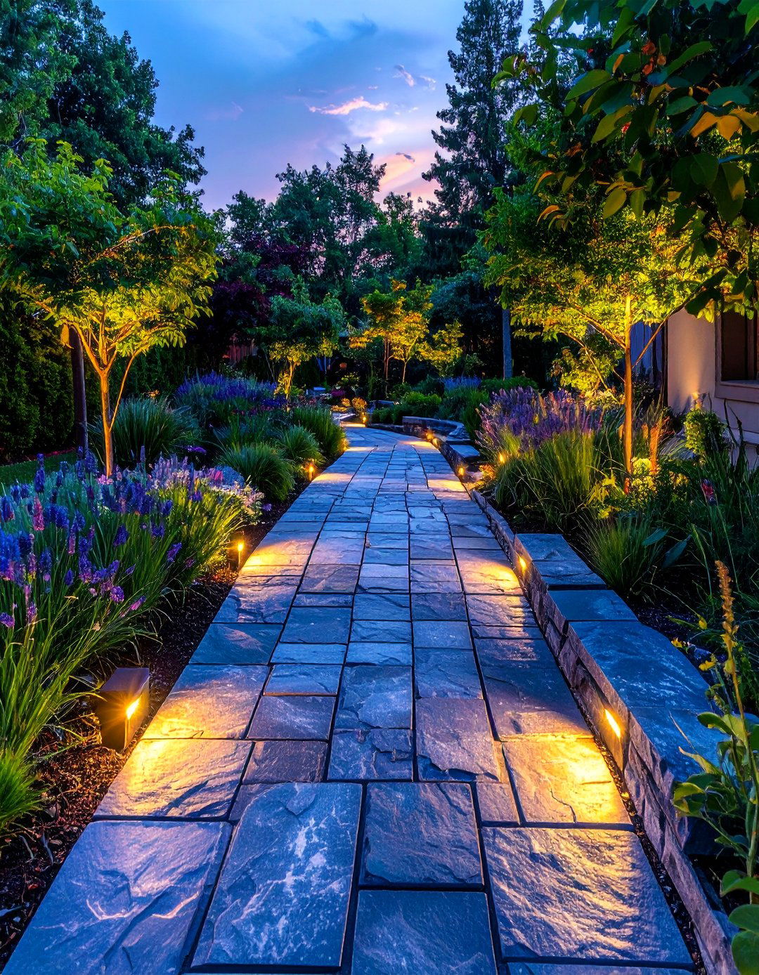 Bluestone Walkway with Landscape Lighting - 15 Bluestone Walkway Ideas for a Stunning Garden Path
