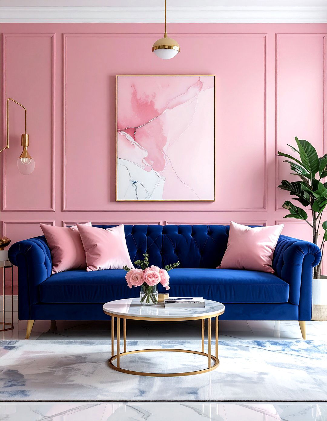 Blush Pink Walls with a Navy Blue Velvet Sofa - 15 Pink and Blue Living Room Ideas for a Cozy Vibe