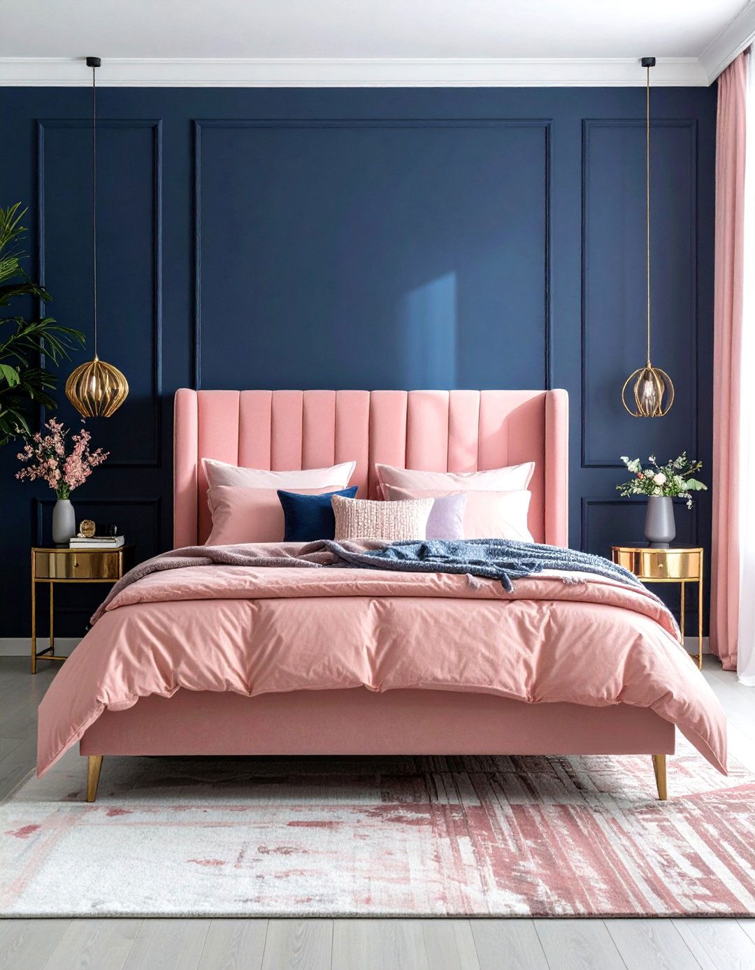 Blush Pink and Navy Blue Contrast - 15 Blush Pink Bedroom Ideas for a Soft and Romantic Space