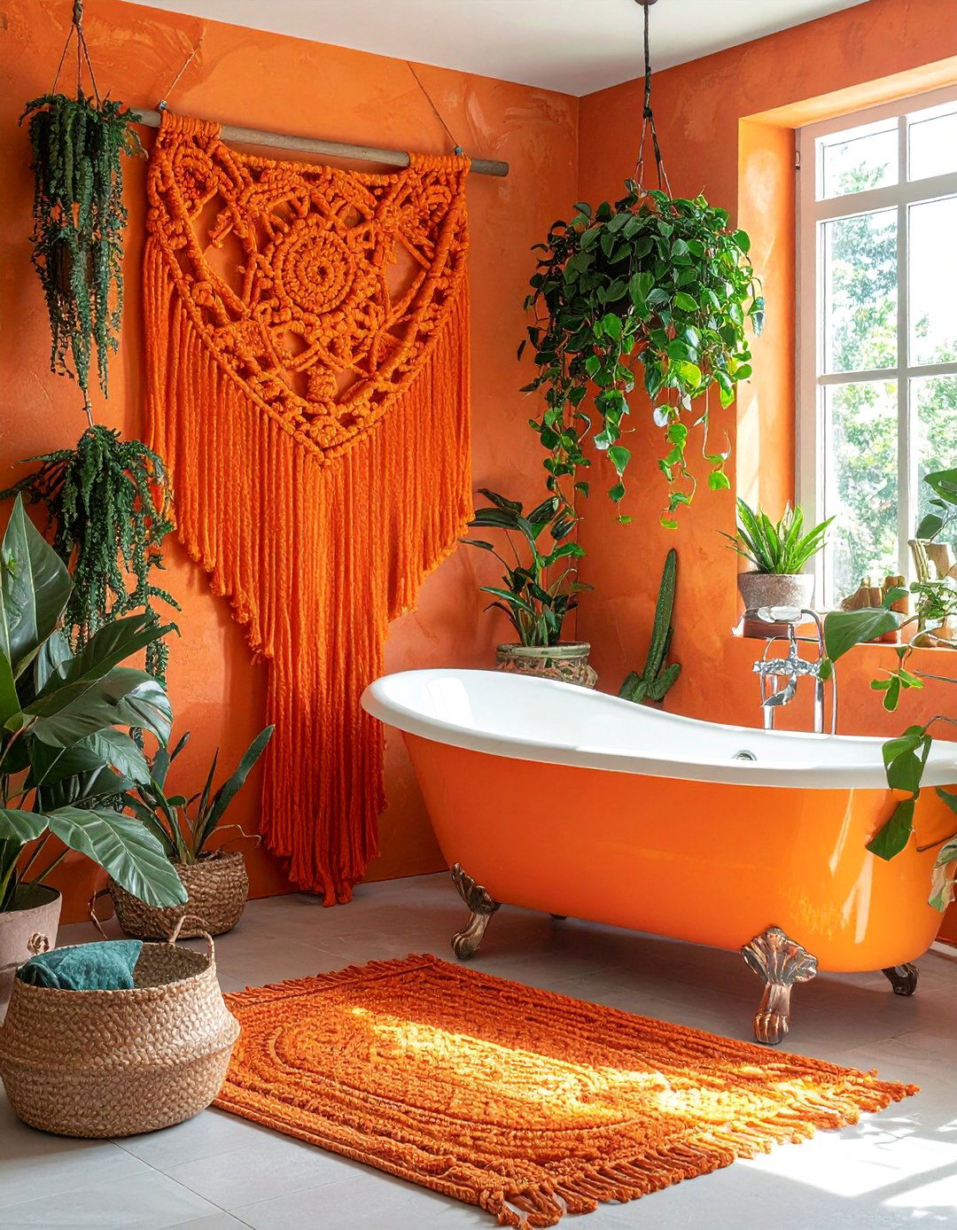 Bohemian Bathroom with Orange Macrame Decor - 15 Orange Bathroom Ideas for a Vibrant Makeover