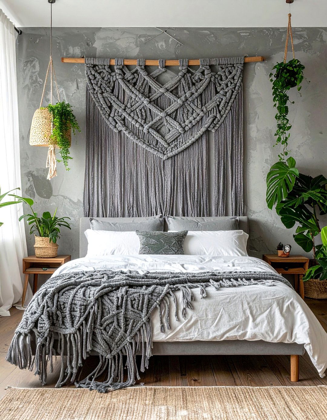 Bohemian Bedroom with a Grey Macrame Headboard - 25 Grey Headboard Bedroom Ideas for a Calm Retreat