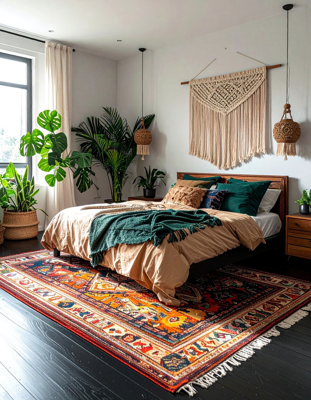 Bohemian Black Floor Bedroom with Plants and Patterns - 20 Black Floor Bedroom Ideas for a Dramatic and Stylish Retreat