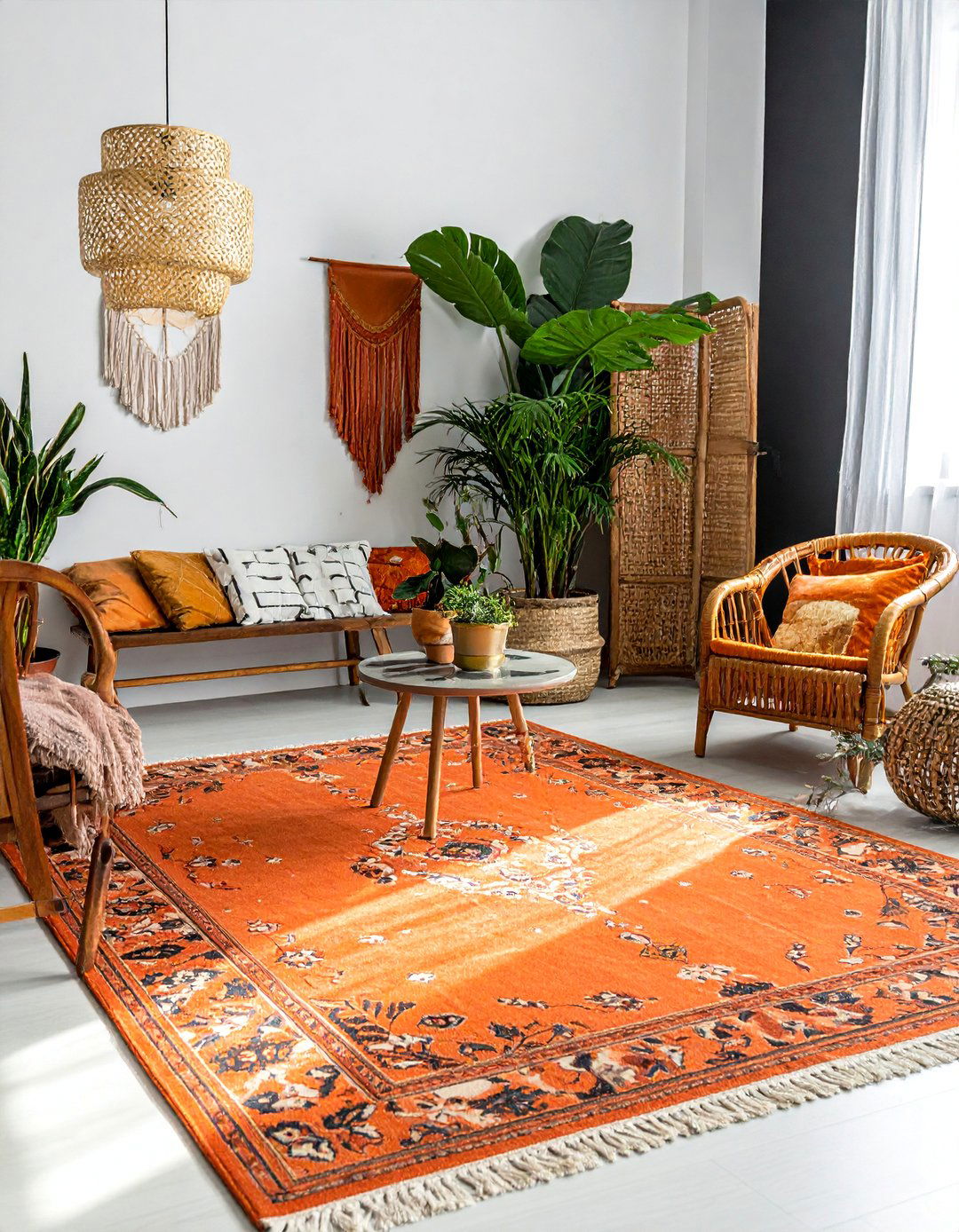 Bohemian Black and Orange Living Room with Natural Textures - 20 Black and Orange Living Room Ideas for Bold Interiors
