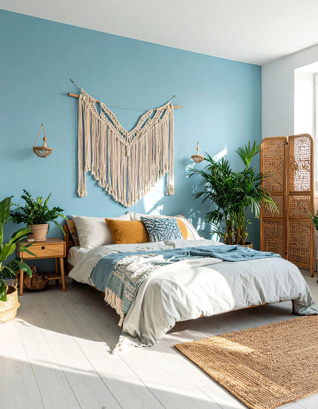 Bohemian Light Blue Bedroom with Mixed Textures - 25 Light Blue Bedroom Ideas for a Calming Retreat