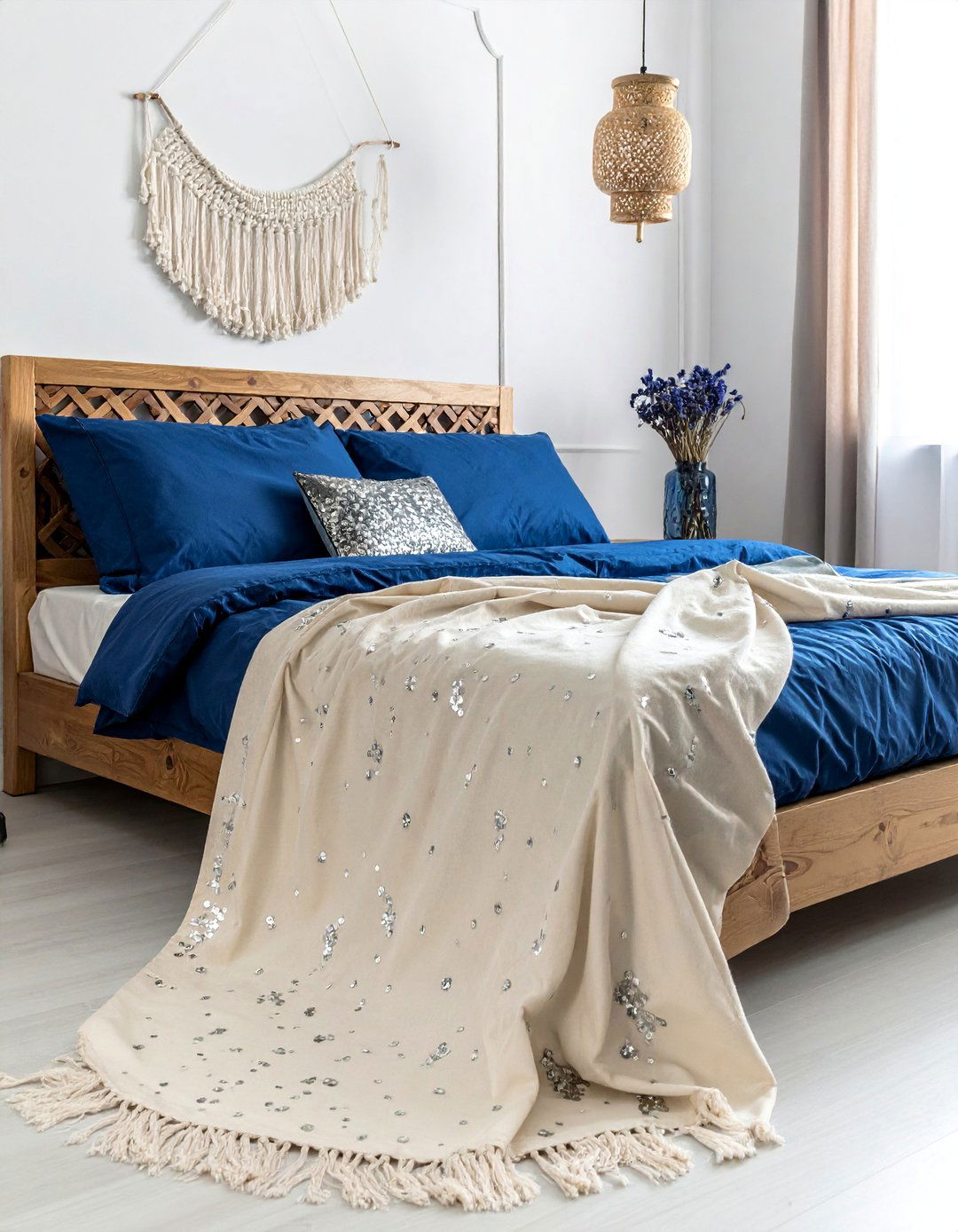 Bohemian Moroccan Bedroom Adorned with a Wedding Blanket - 20 Bohemian Moroccan Bedroom Ideas for a Cozy Retreat
