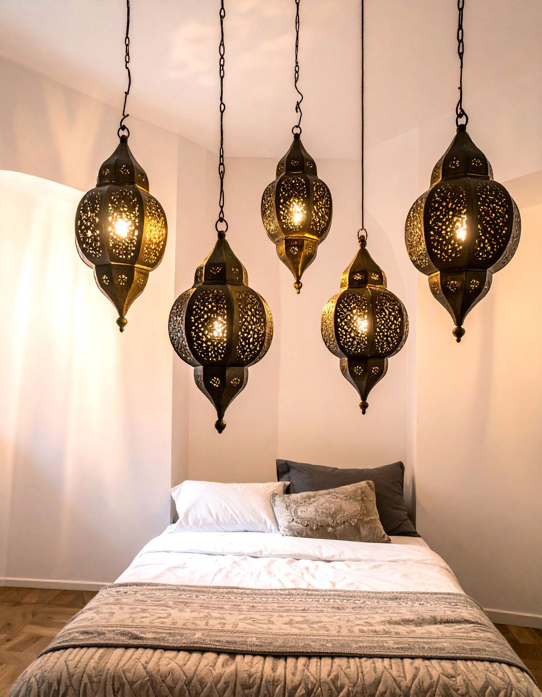 Bohemian Moroccan Bedroom Incorporating Hanging Metal Lanterns - 20 Bohemian Moroccan Bedroom Ideas for a Cozy Retreat