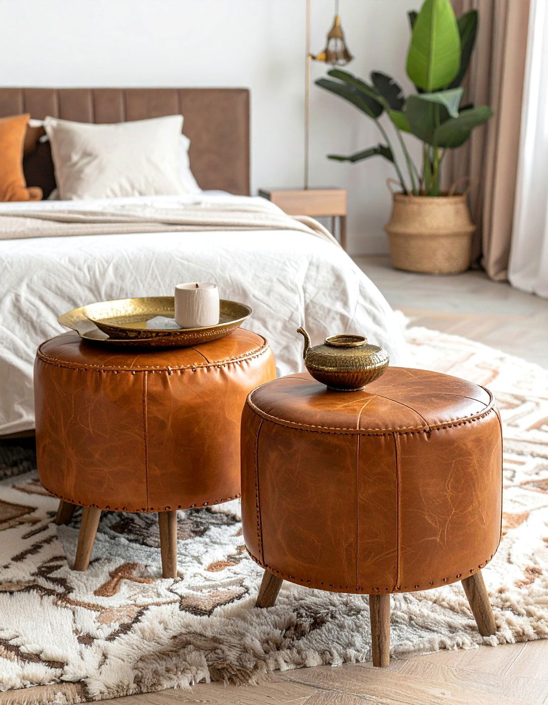 Bohemian Moroccan Bedroom Using Leather Poufs as Seating - 20 Bohemian Moroccan Bedroom Ideas for a Cozy Retreat