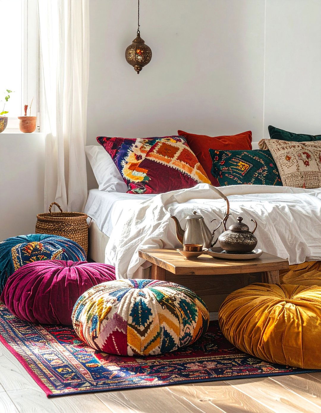 Bohemian Moroccan Bedroom with Abundant Floor Cushions - 20 Bohemian Moroccan Bedroom Ideas for a Cozy Retreat