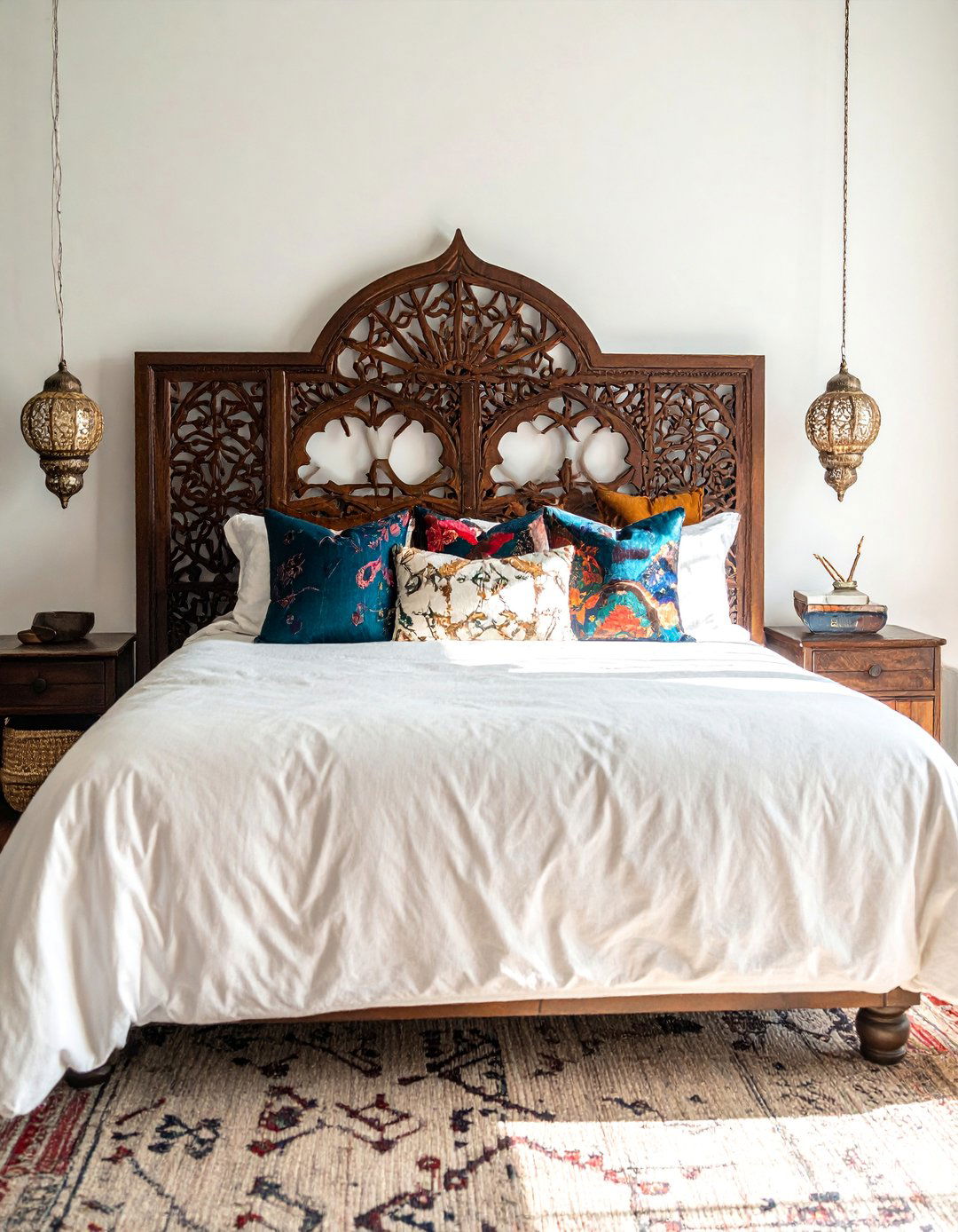 Bohemian Moroccan Bedroom with a Carved Wood Headboard - 20 Bohemian Moroccan Bedroom Ideas for a Cozy Retreat